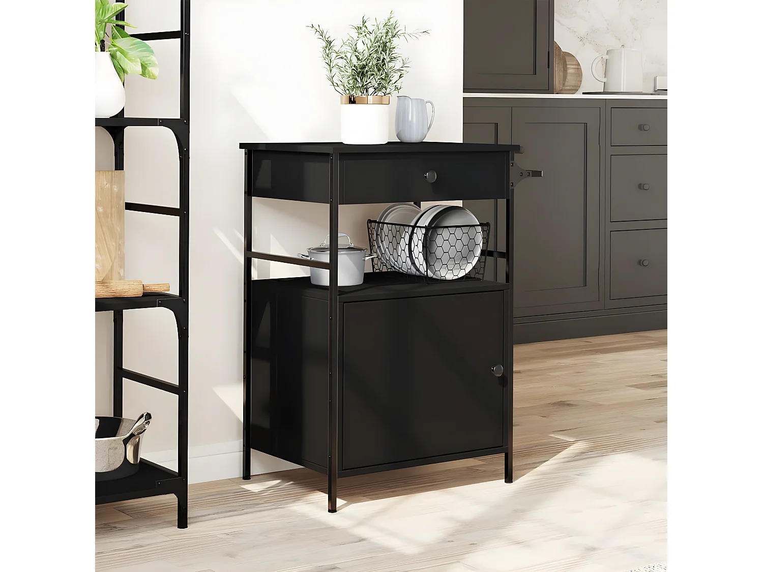 Chariot de cuisine noir 56x43x89,5 bois d'ingénierie