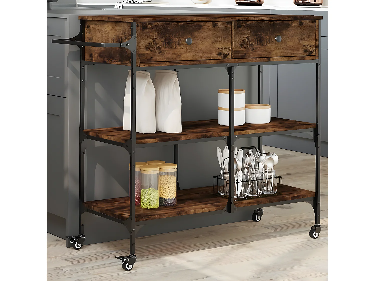 Chariot de cuisine chêne fumé 105x42x95 bois d'ingénierie