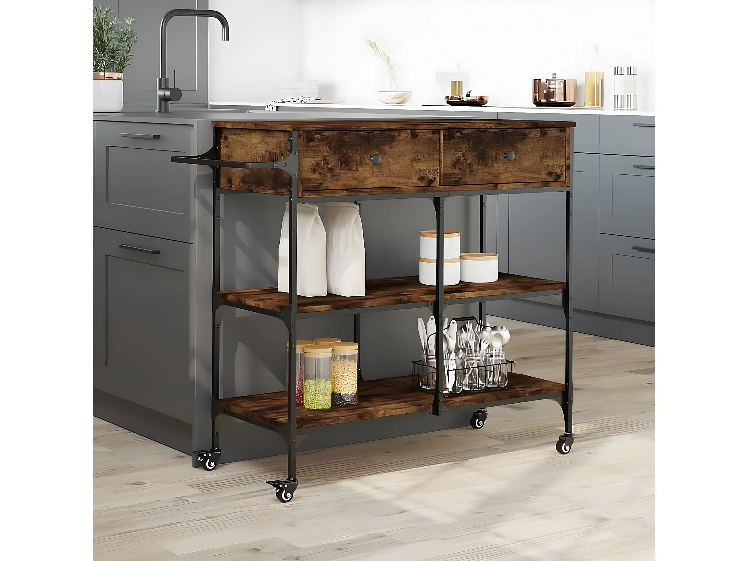 Chariot de cuisine chêne fumé 105x42x95 bois d'ingénierie