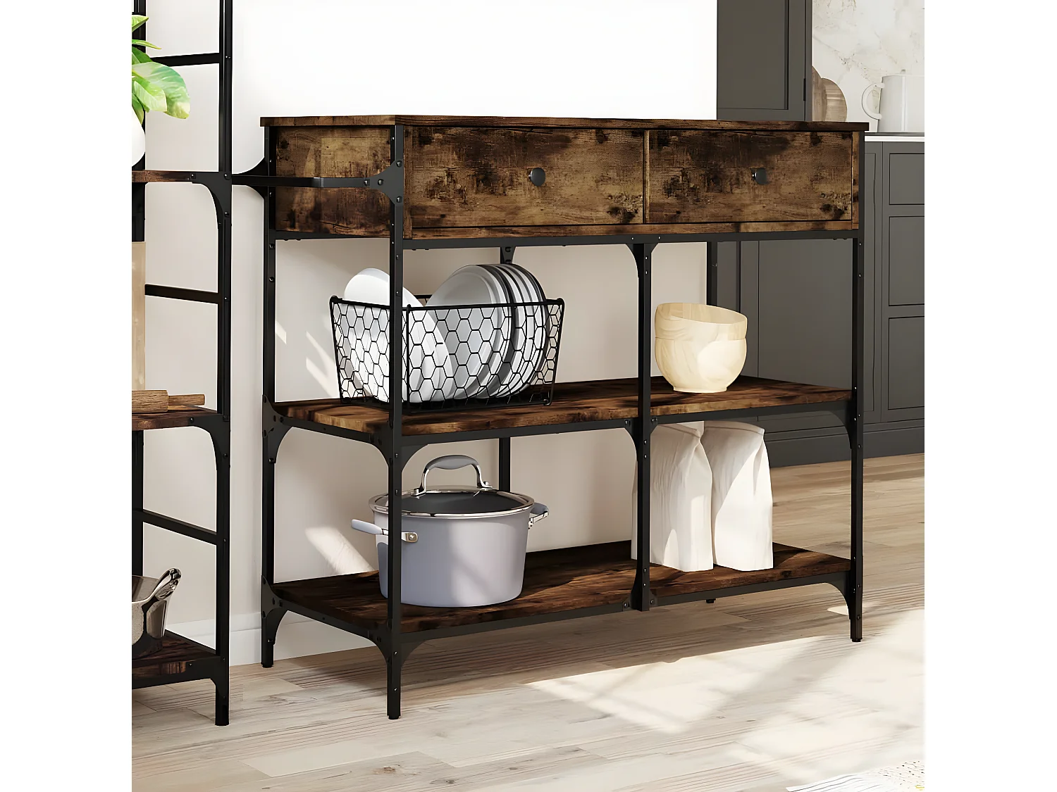 Chariot de cuisine chêne fumé 105x42x95 bois d'ingénierie