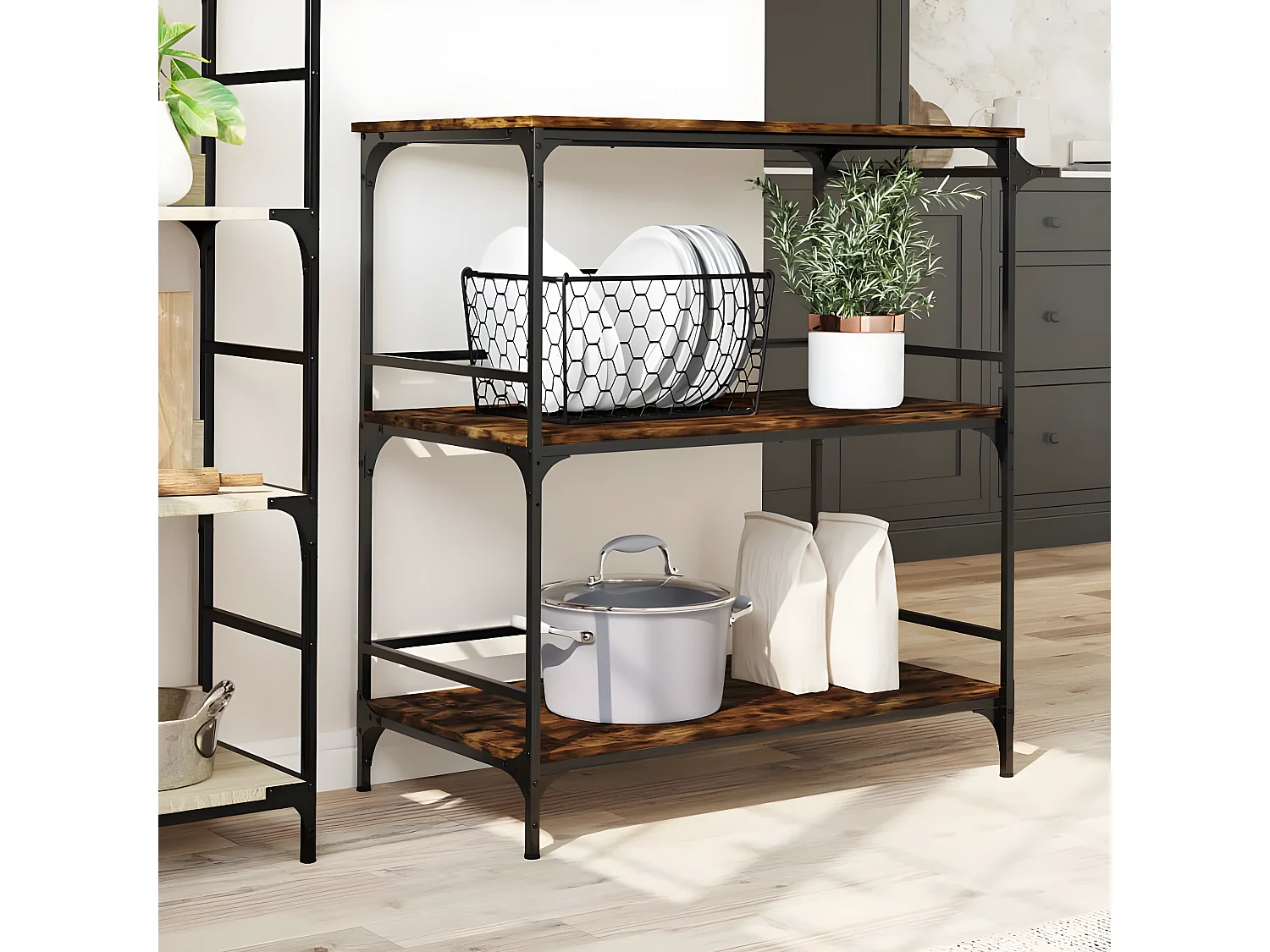 Chariot de cuisine chêne fumé 100,5x50x105 bois d'ingénierie