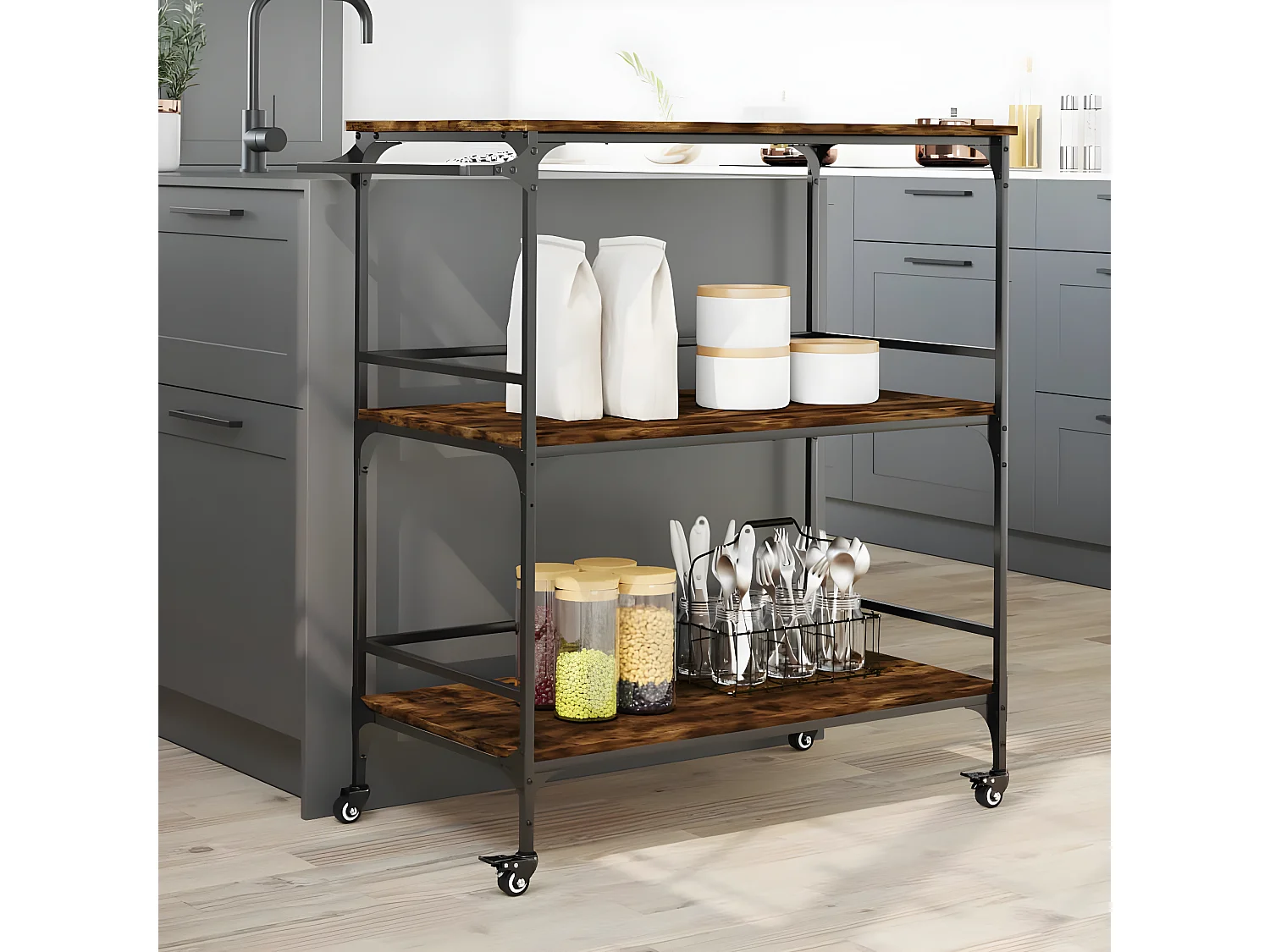 Chariot de cuisine chêne fumé 100,5x50x105 bois d'ingénierie