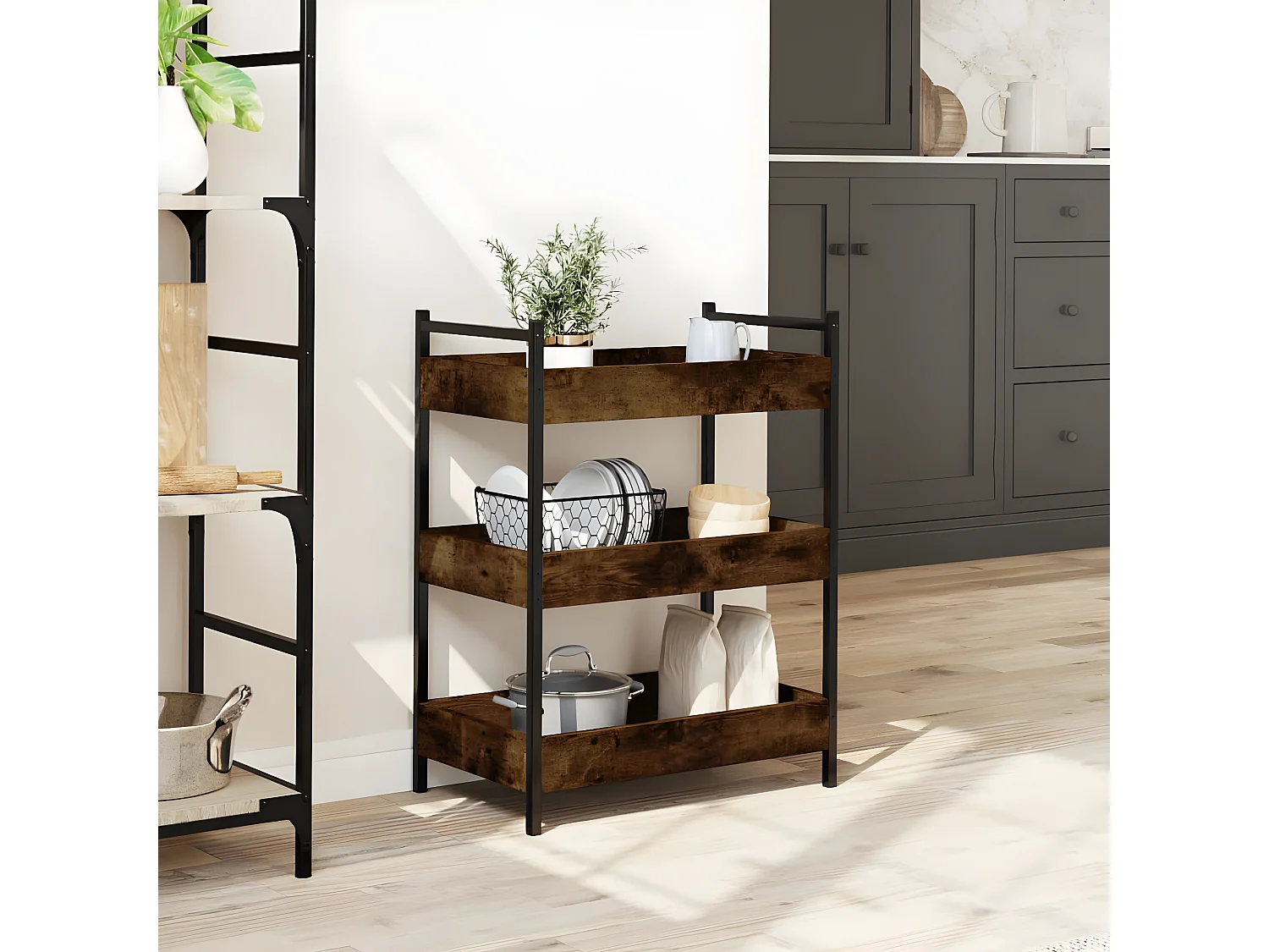 Chariot de cuisine chêne fumé 50x30x70 bois d'ingénierie