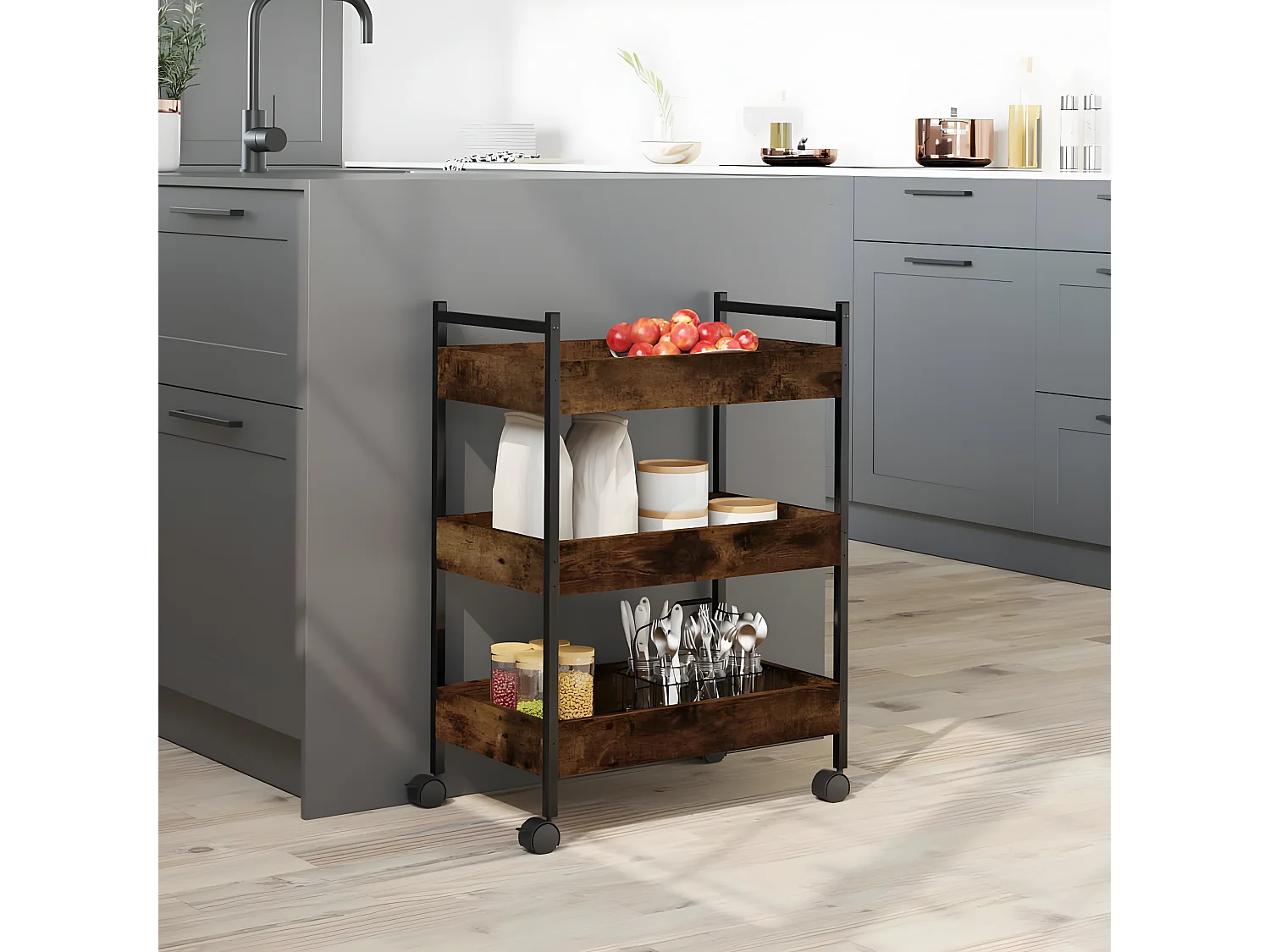 Chariot de cuisine chêne fumé 50x30x70 bois d'ingénierie