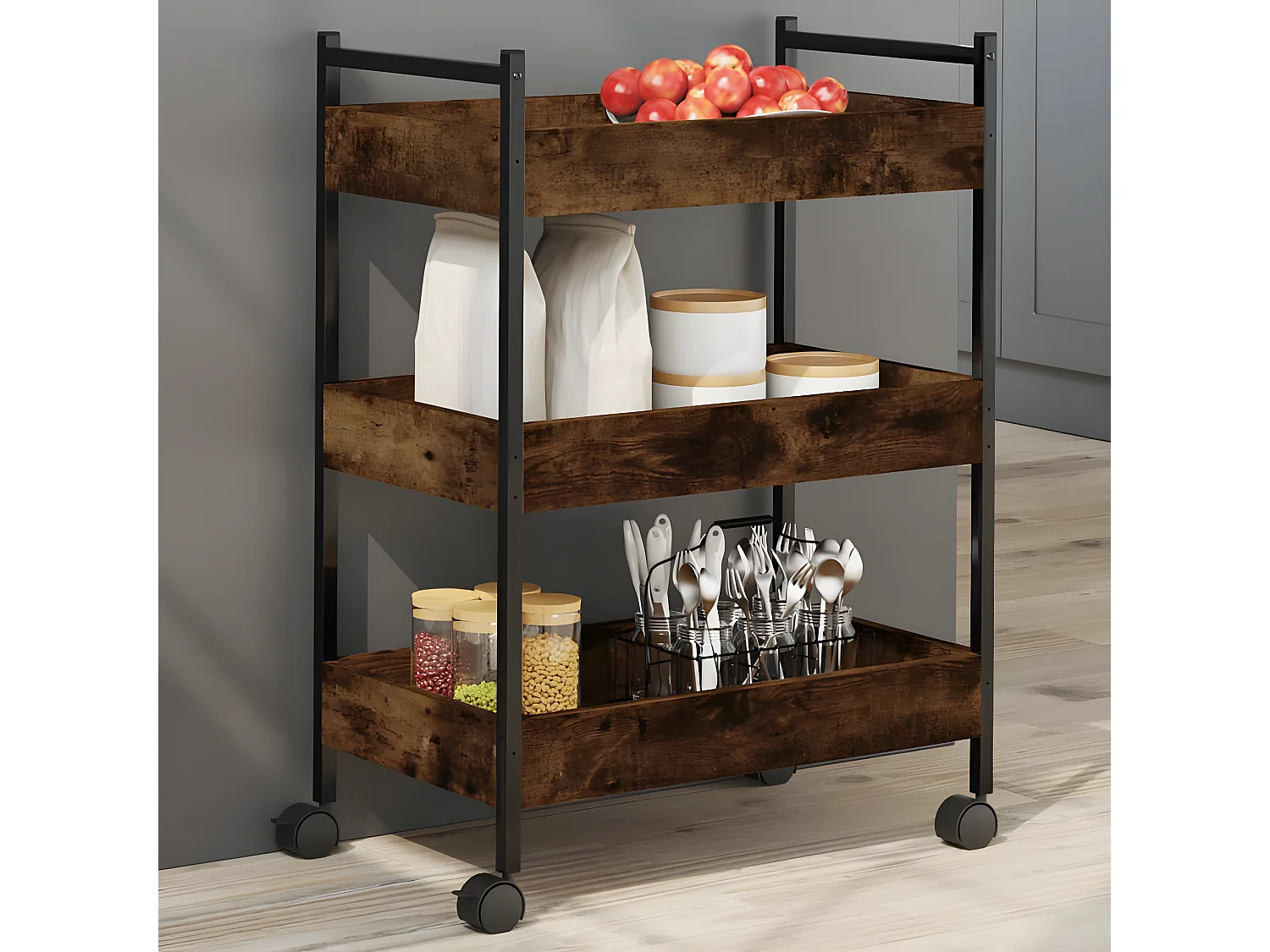 Chariot de cuisine chêne fumé 50x30x70 bois d'ingénierie