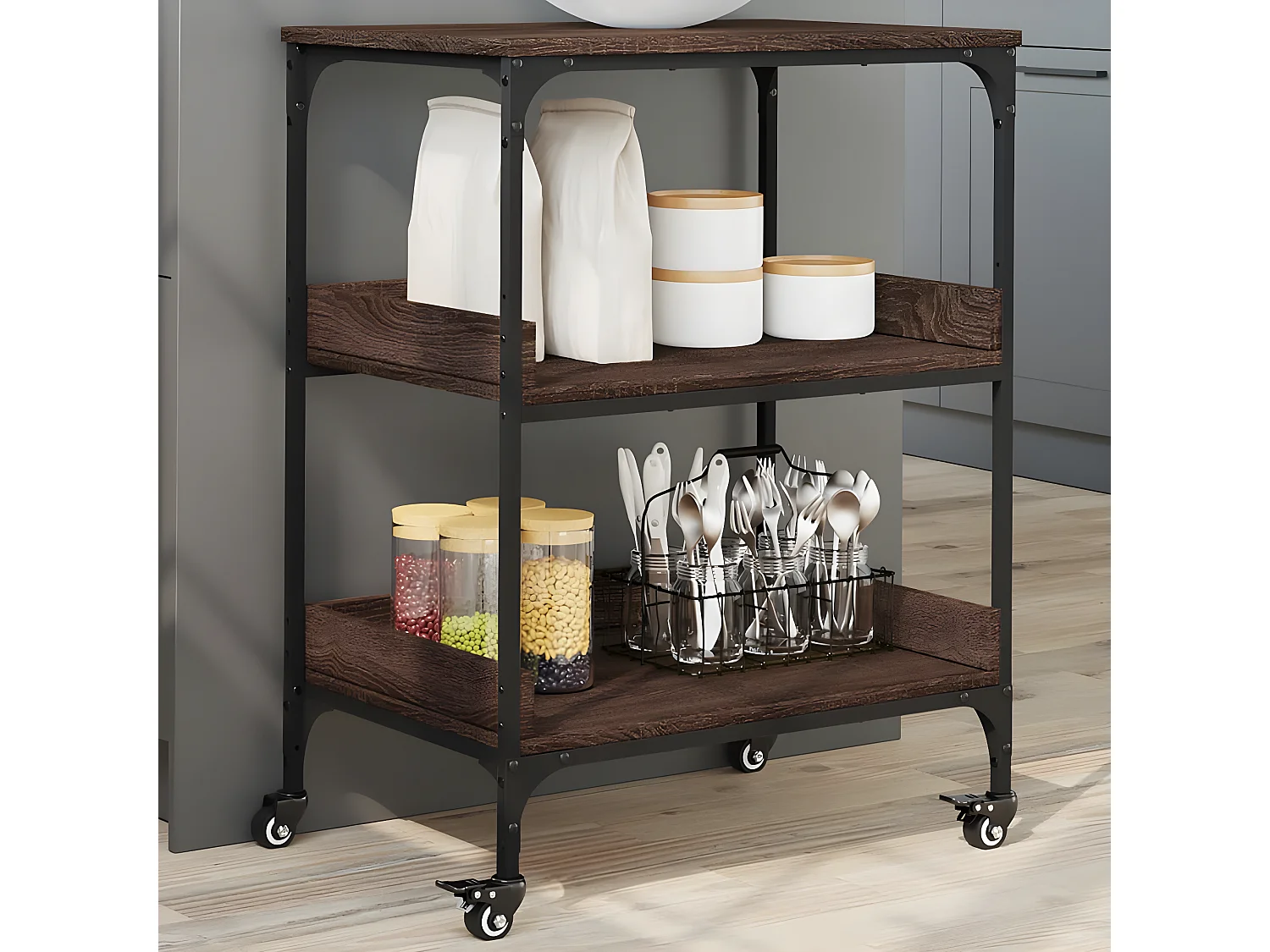 Keukentrolley 60x41x80,5 cm bewerkt hout bruin eikenkleurig