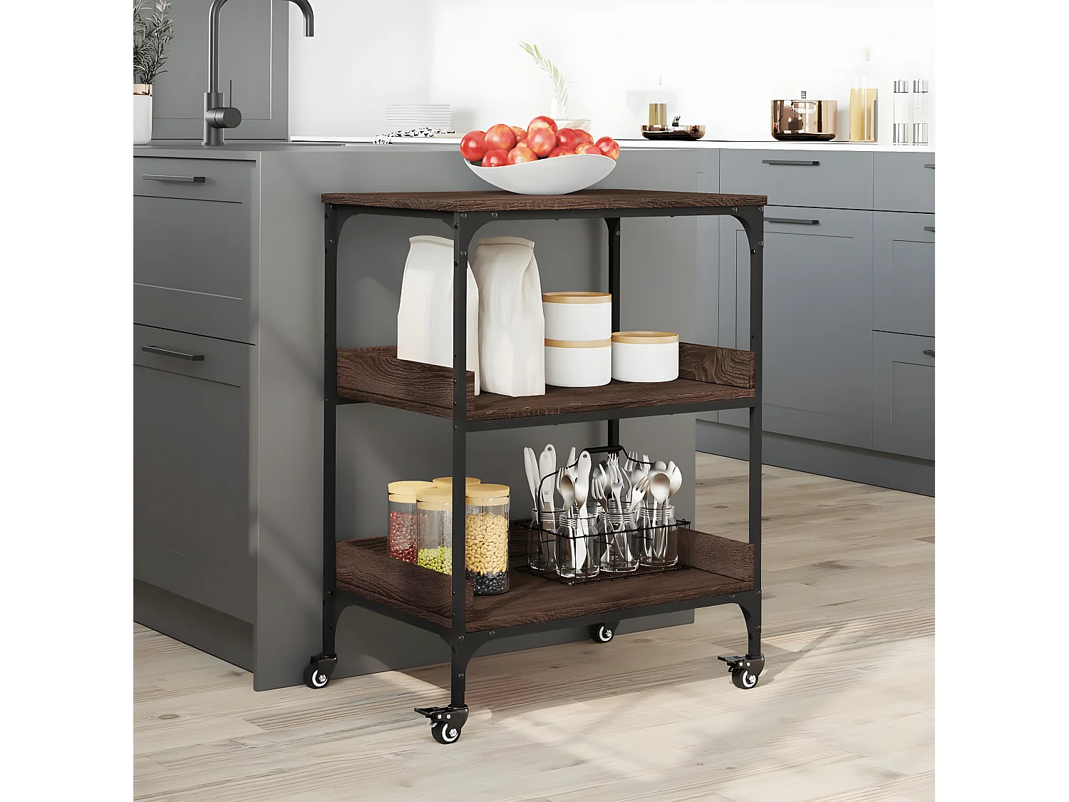 Keukentrolley 60x41x80,5 cm bewerkt hout bruin eikenkleurig