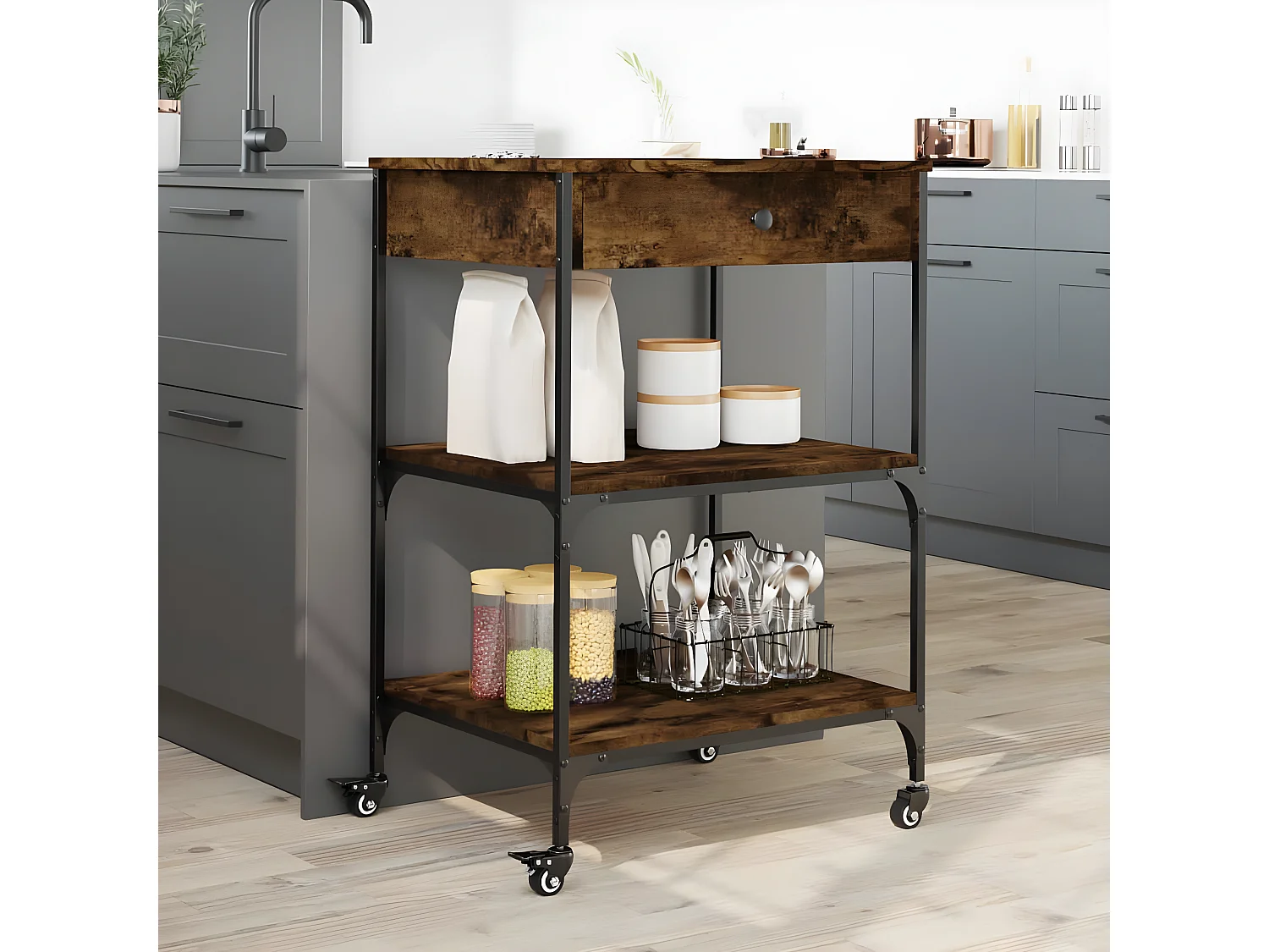 Chariot de cuisine chêne fumé 60x48x89,5 bois d'ingénierie