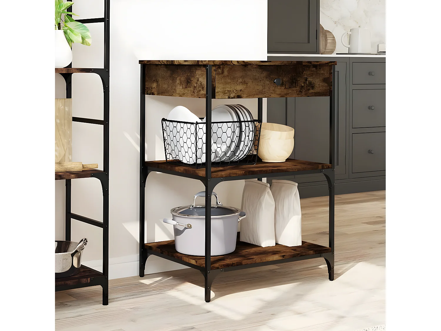 Chariot de cuisine chêne fumé 60x48x89,5 bois d'ingénierie