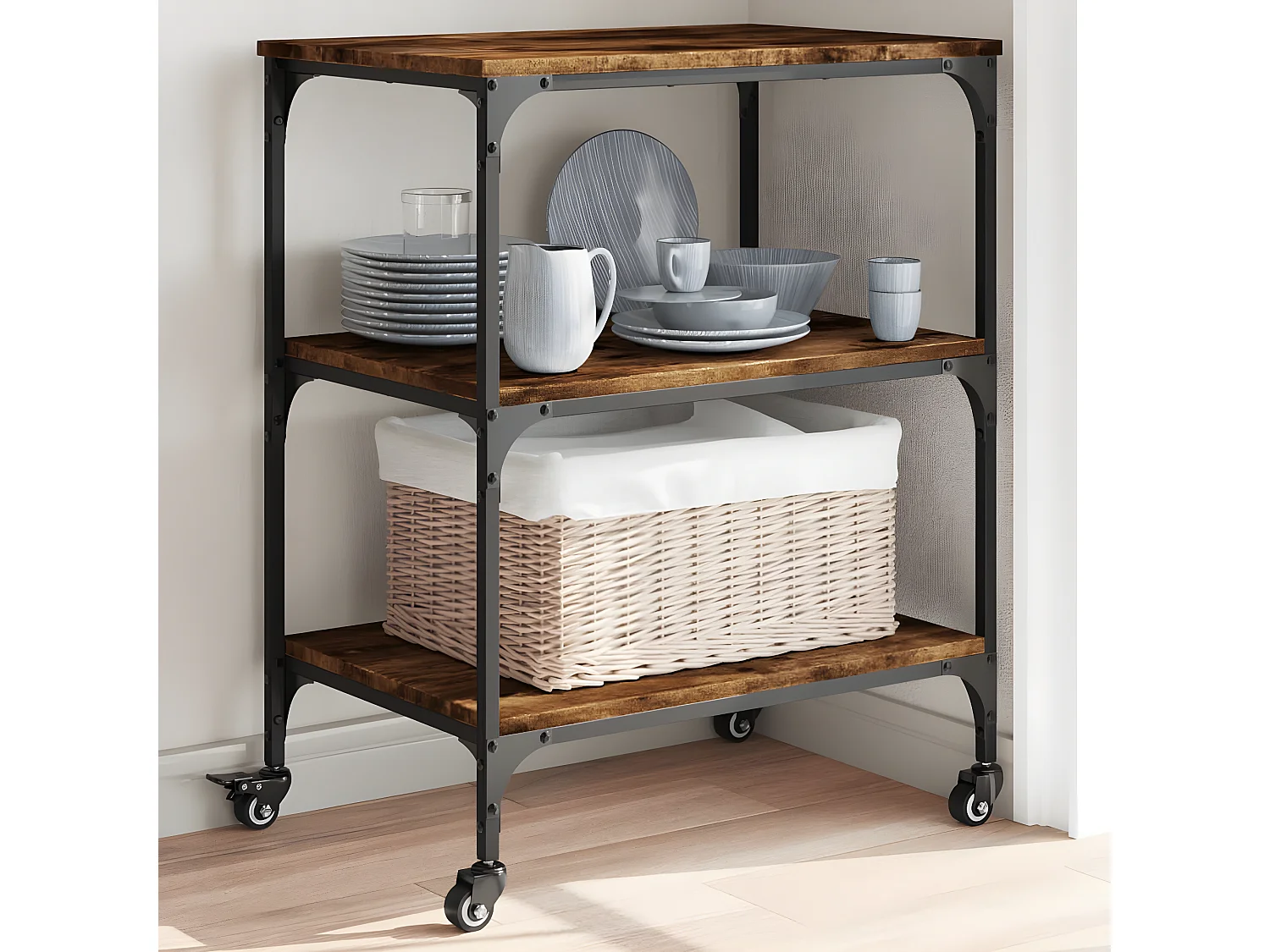 Chariot de cuisine chêne fumé 60x41x76 bois d'ingénierie