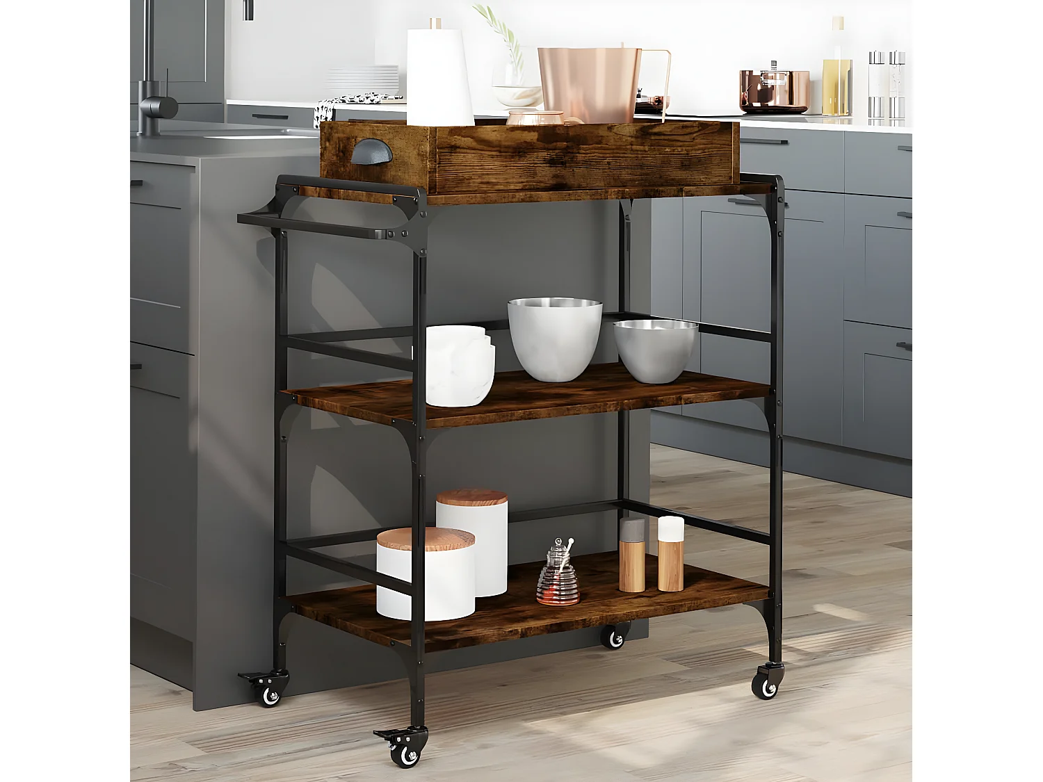 Chariot de cuisine chêne fumé 81,5x41x92,5 bois d'ingénierie