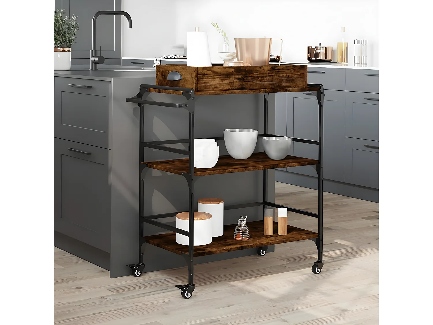 Chariot de cuisine chêne fumé 81,5x41x92,5 bois d'ingénierie