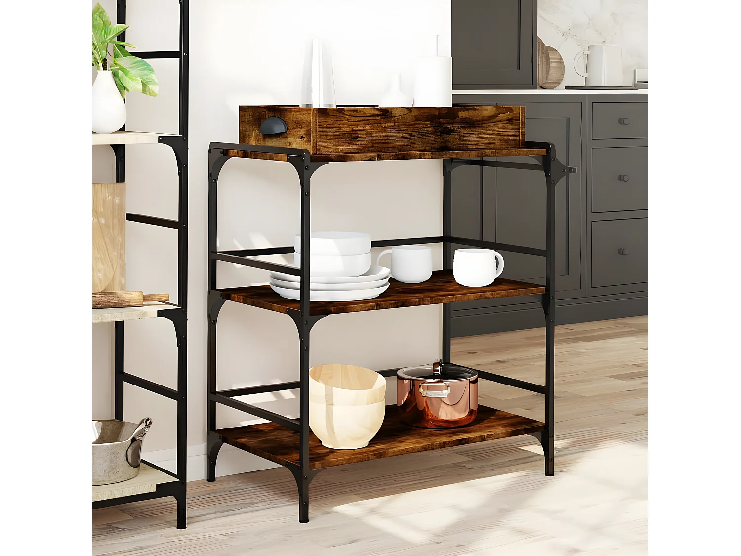 Chariot de cuisine chêne fumé 81,5x41x92,5 bois d'ingénierie