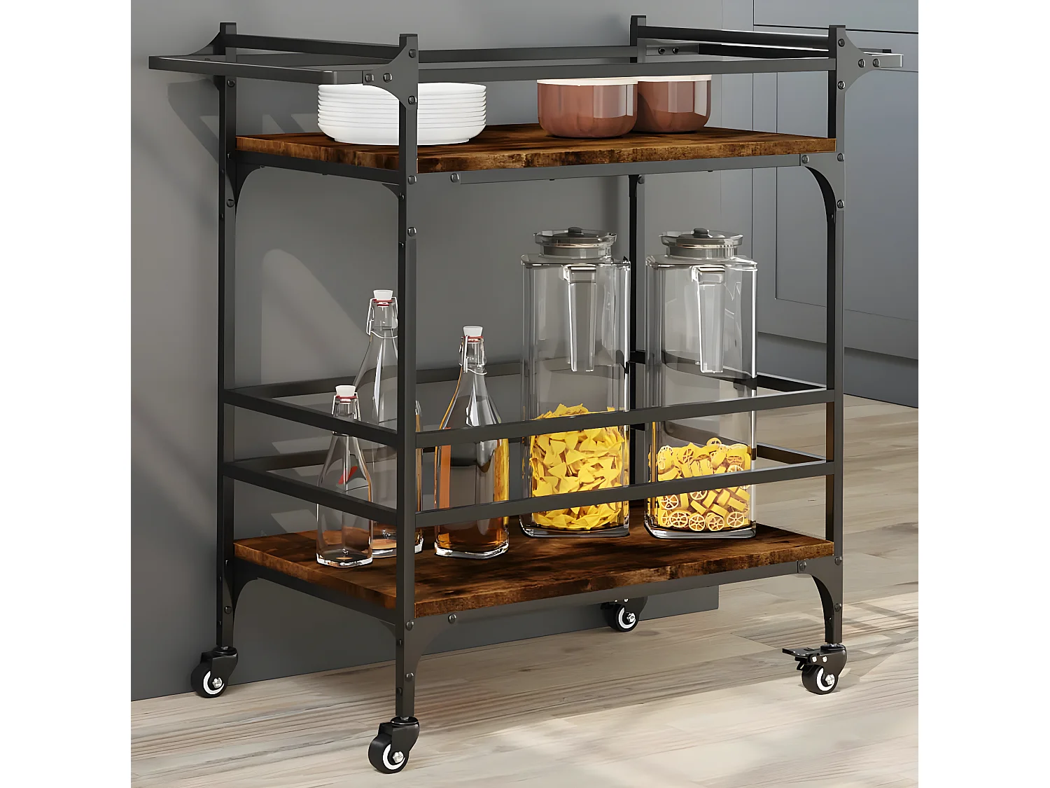 Chariot de cuisine chêne fumé 82x40x78,5 bois d'ingénierie