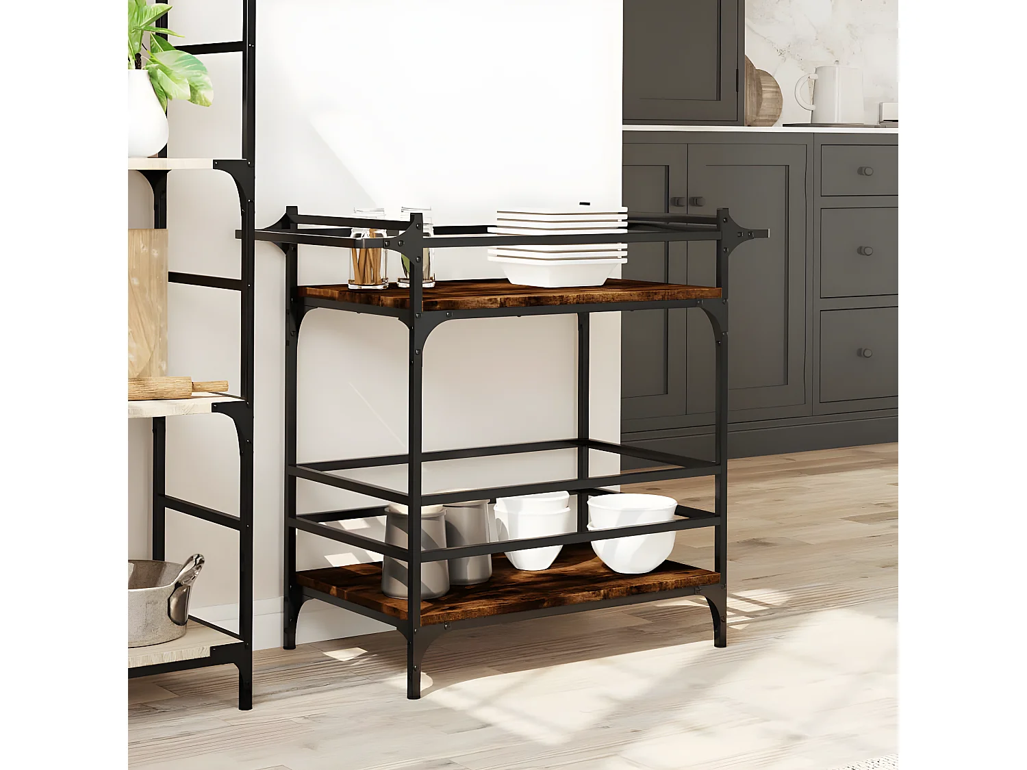 Chariot de cuisine chêne fumé 82x40x78,5 bois d'ingénierie