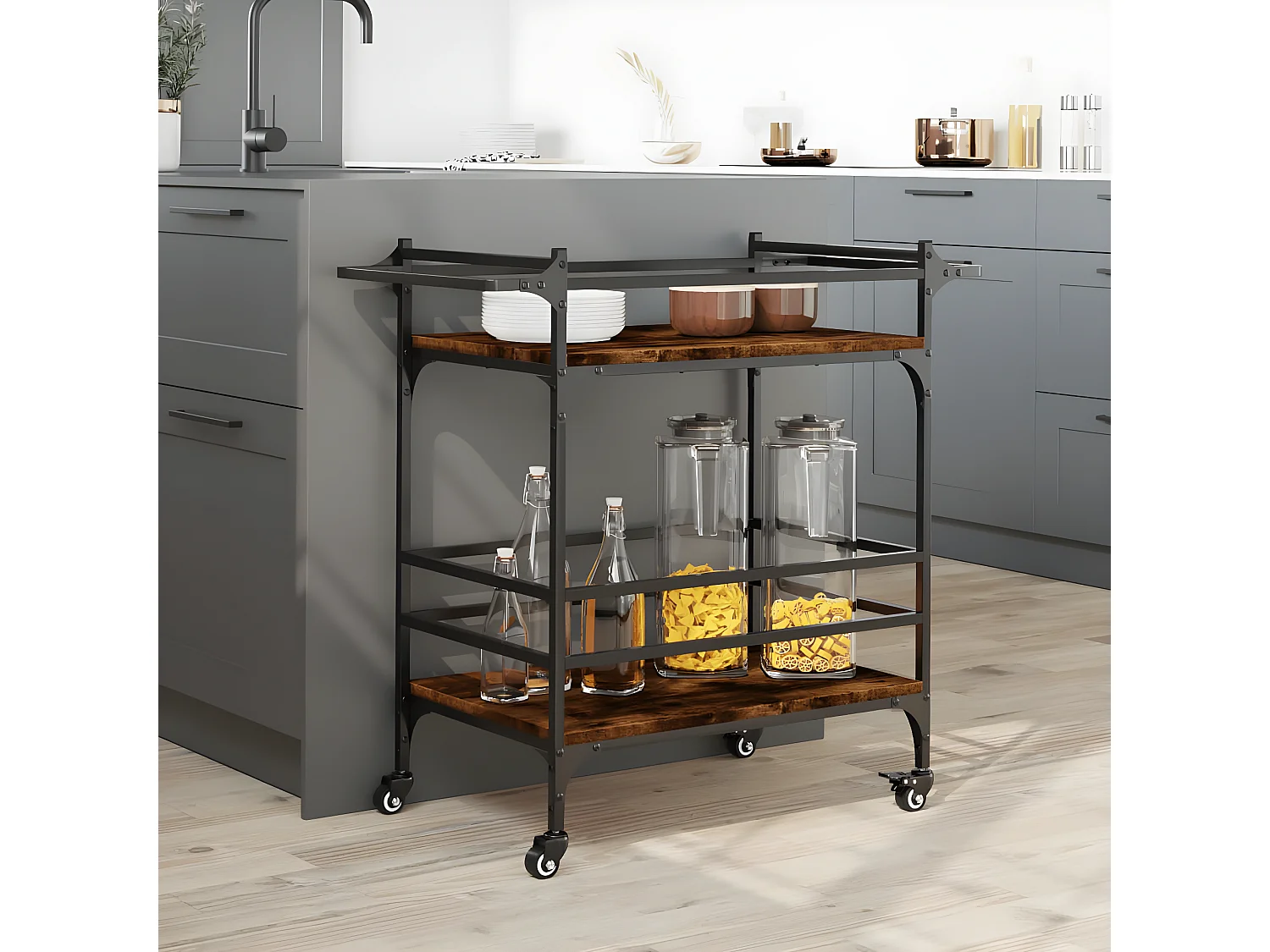 Chariot de cuisine chêne fumé 82x40x78,5 bois d'ingénierie