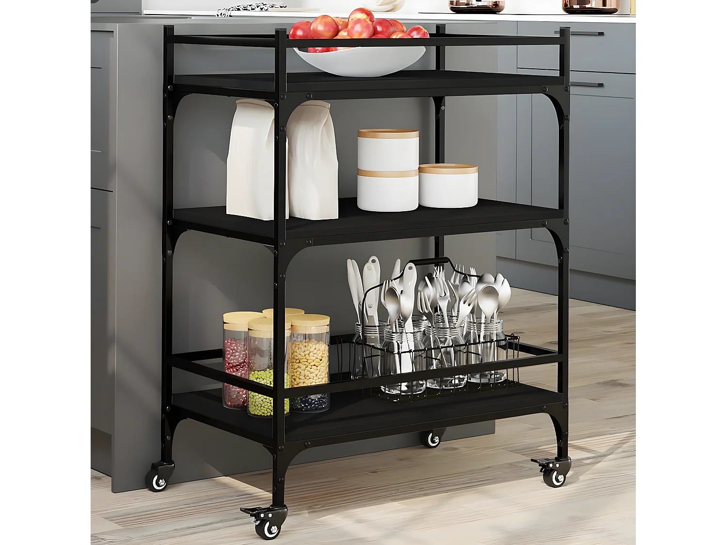 Chariot de cuisine noir 65x40x86,5 bois d'ingénierie