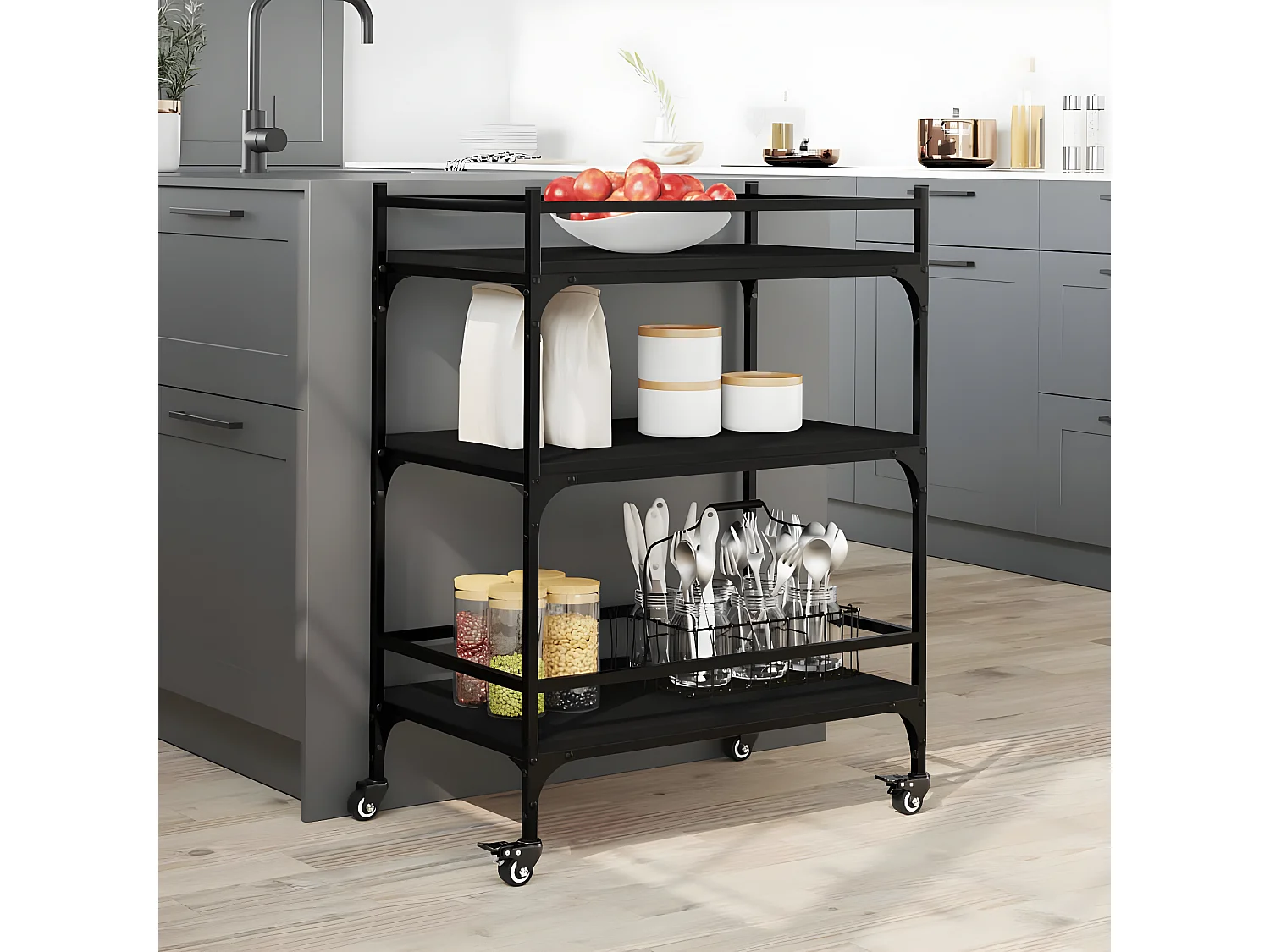 Chariot de cuisine noir 65x40x86,5 bois d'ingénierie