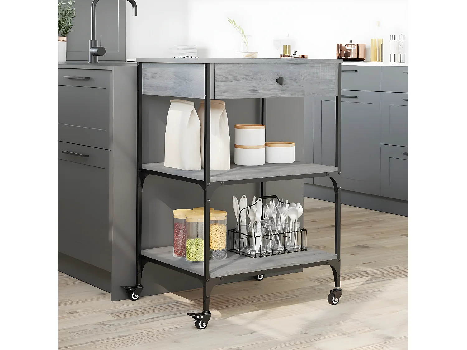 Chariot de cuisine sonoma gris 60x48x89,5 bois d'ingénierie
