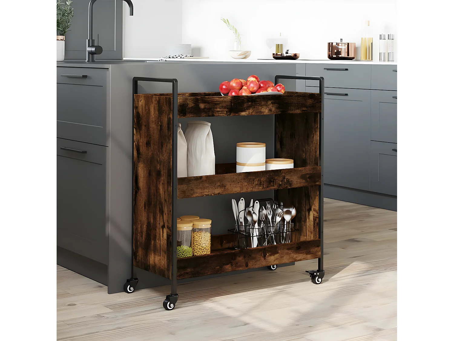 Chariot de cuisine chêne fumé 70x30x82 bois d'ingénierie