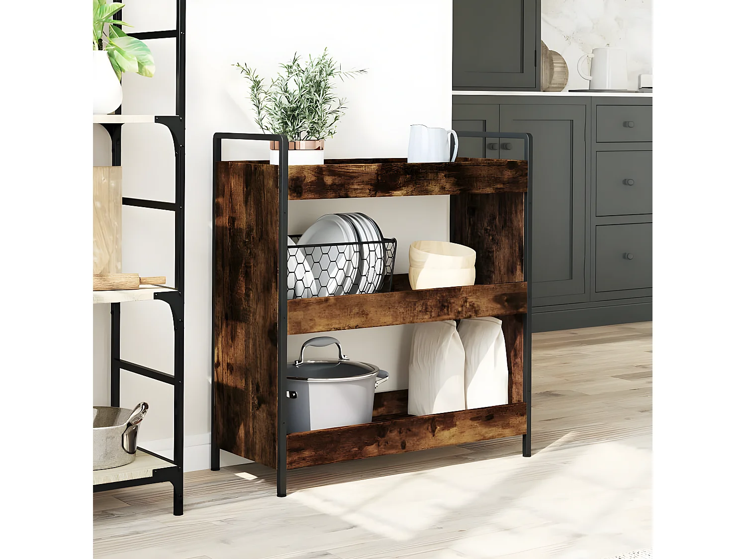 Chariot de cuisine chêne fumé 70x30x82 bois d'ingénierie