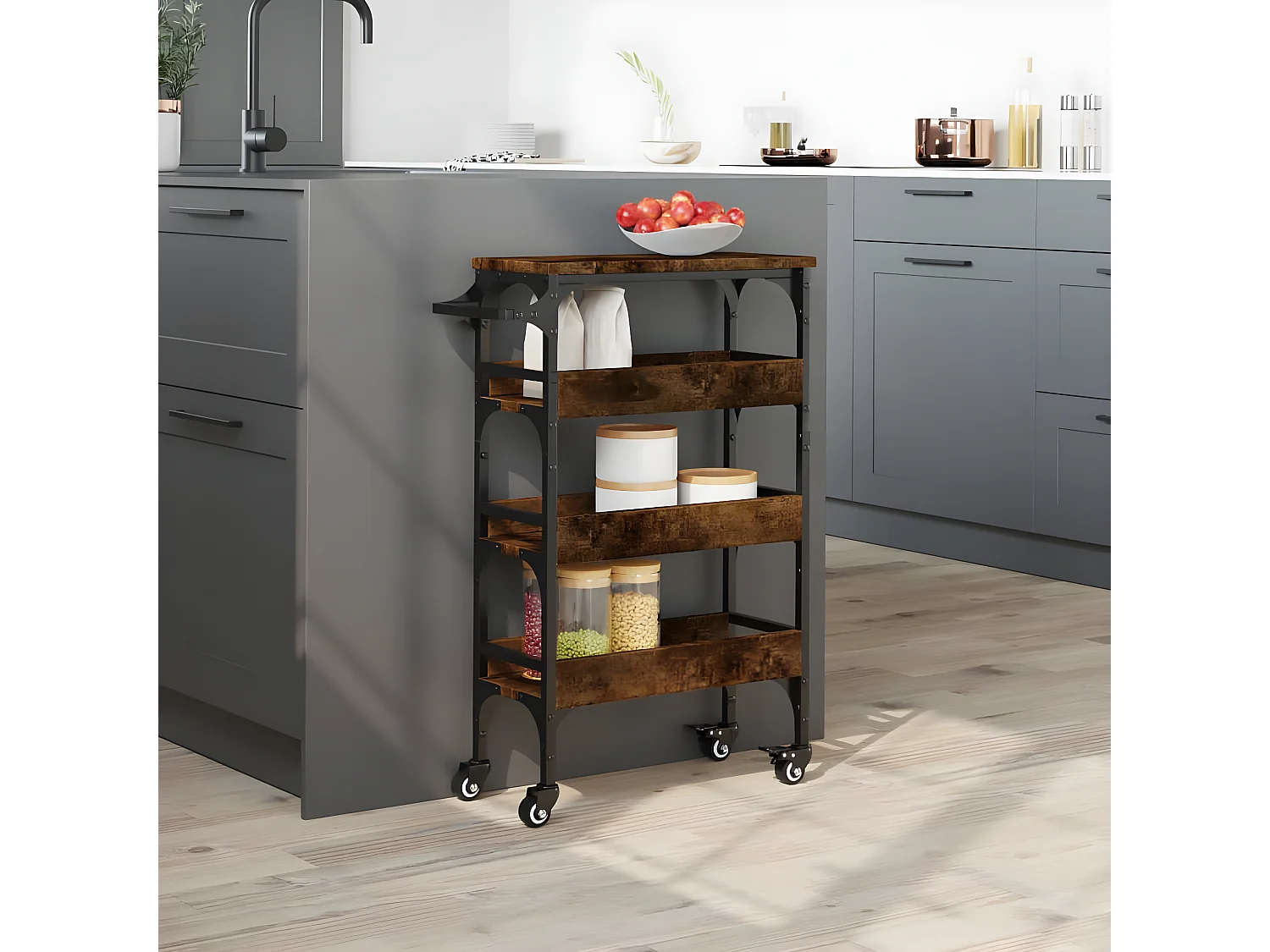 Chariot de cuisine chêne fumé 53x20x76 bois d'ingénierie