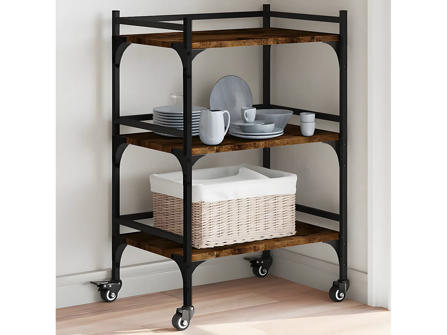 Chariot de cuisine chêne fumé 50x35x75,5 bois d'ingénierie