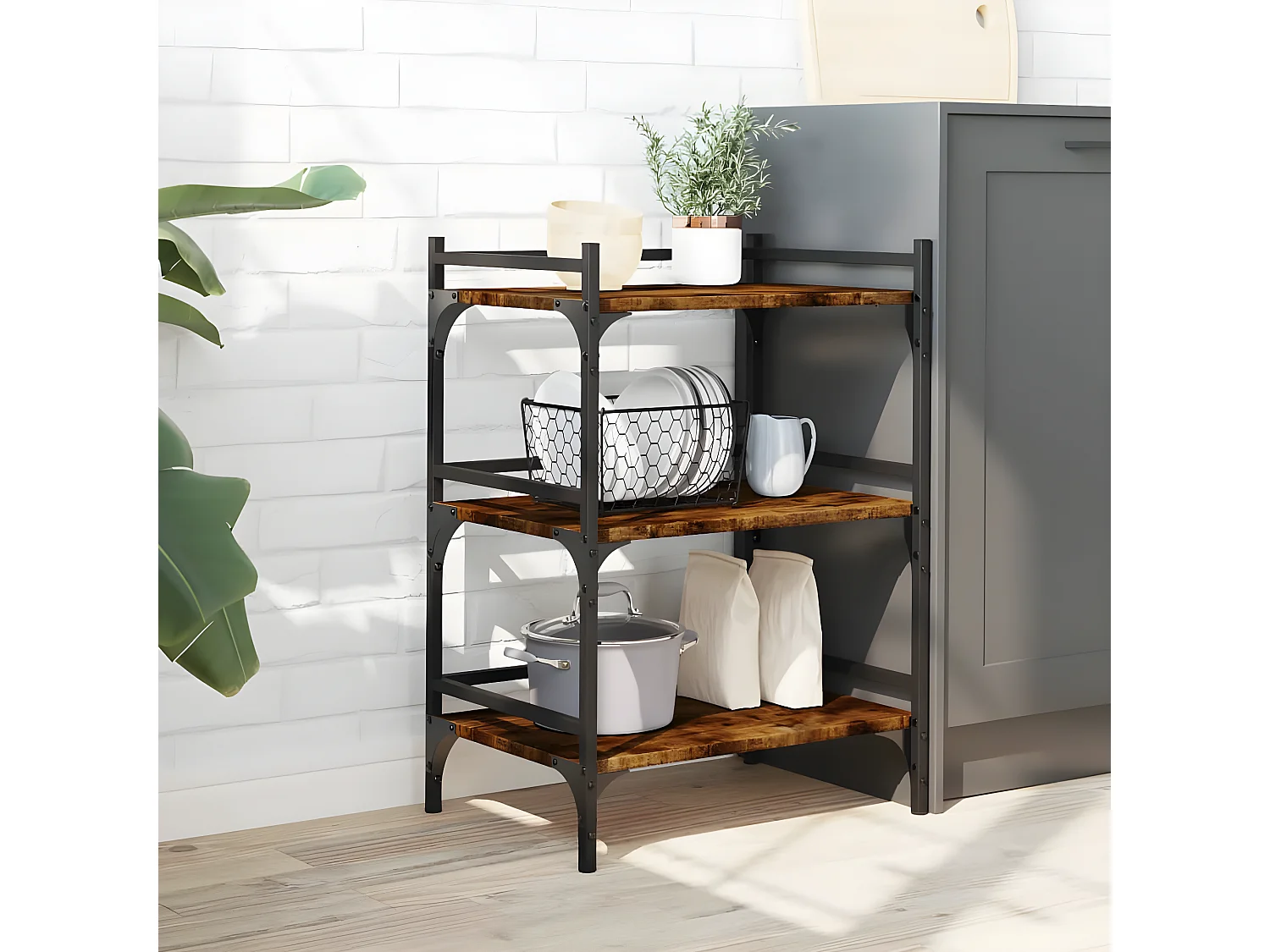 Chariot de cuisine chêne fumé 50x35x75,5 bois d'ingénierie