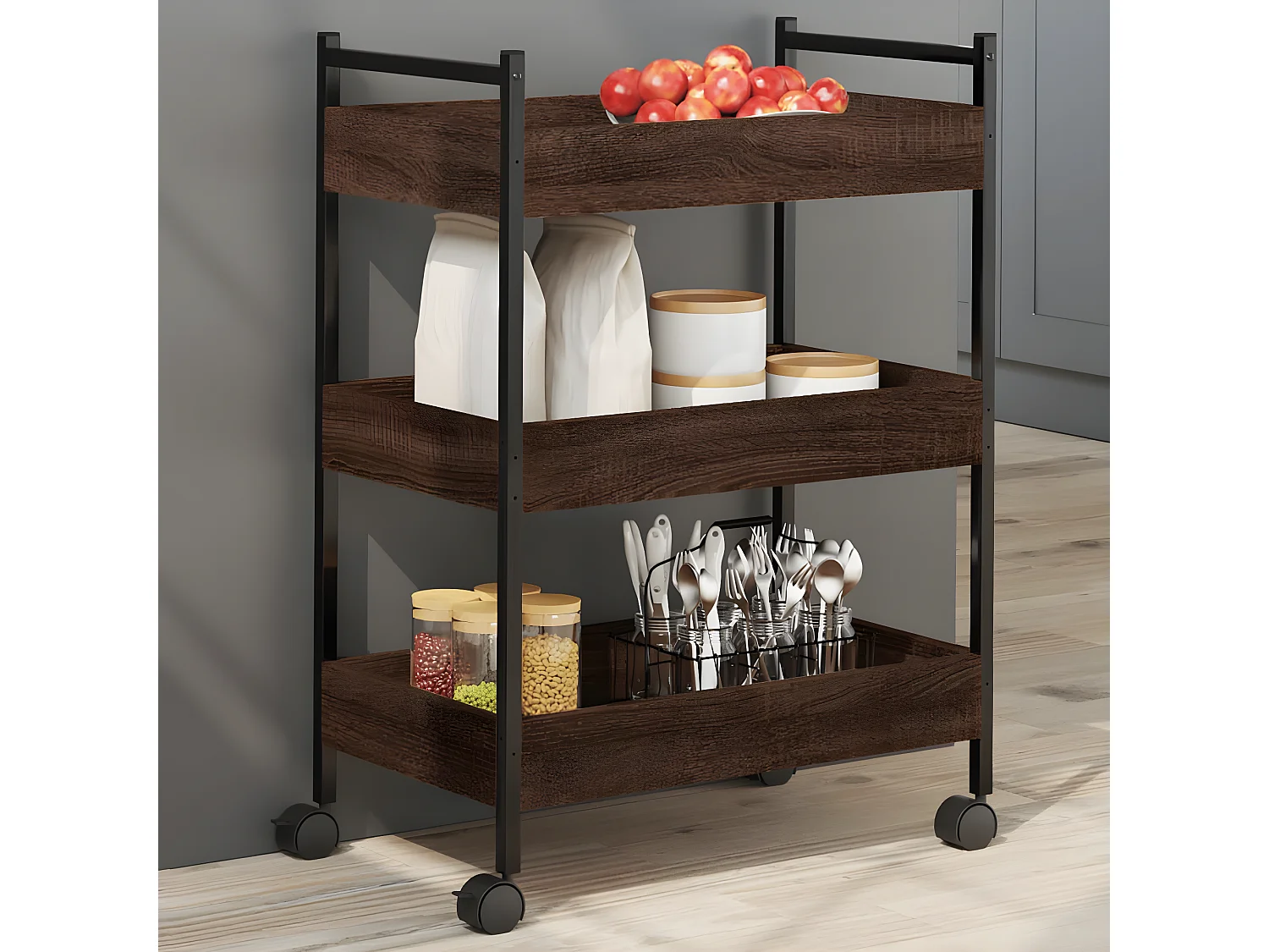 Keukentrolley 50x30x70 cm bewerkt hout bruin eikenkleurig