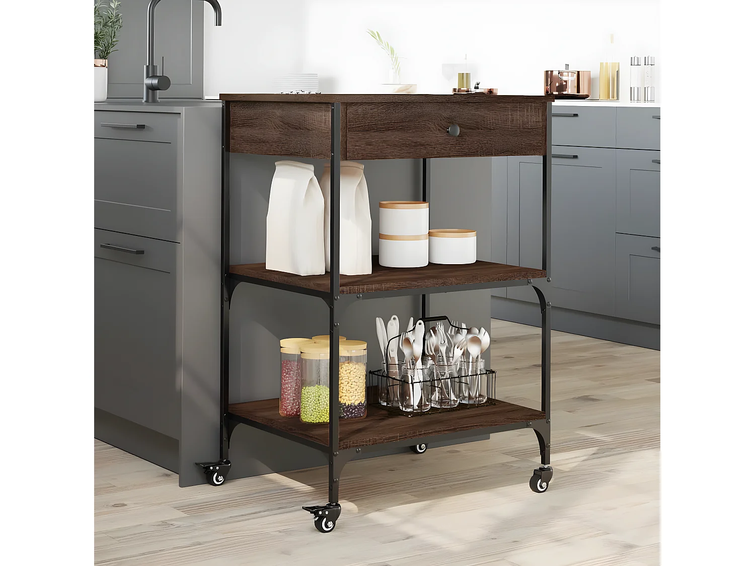 Chariot de cuisine chêne marron 60x48x89,5 bois d'ingénierie