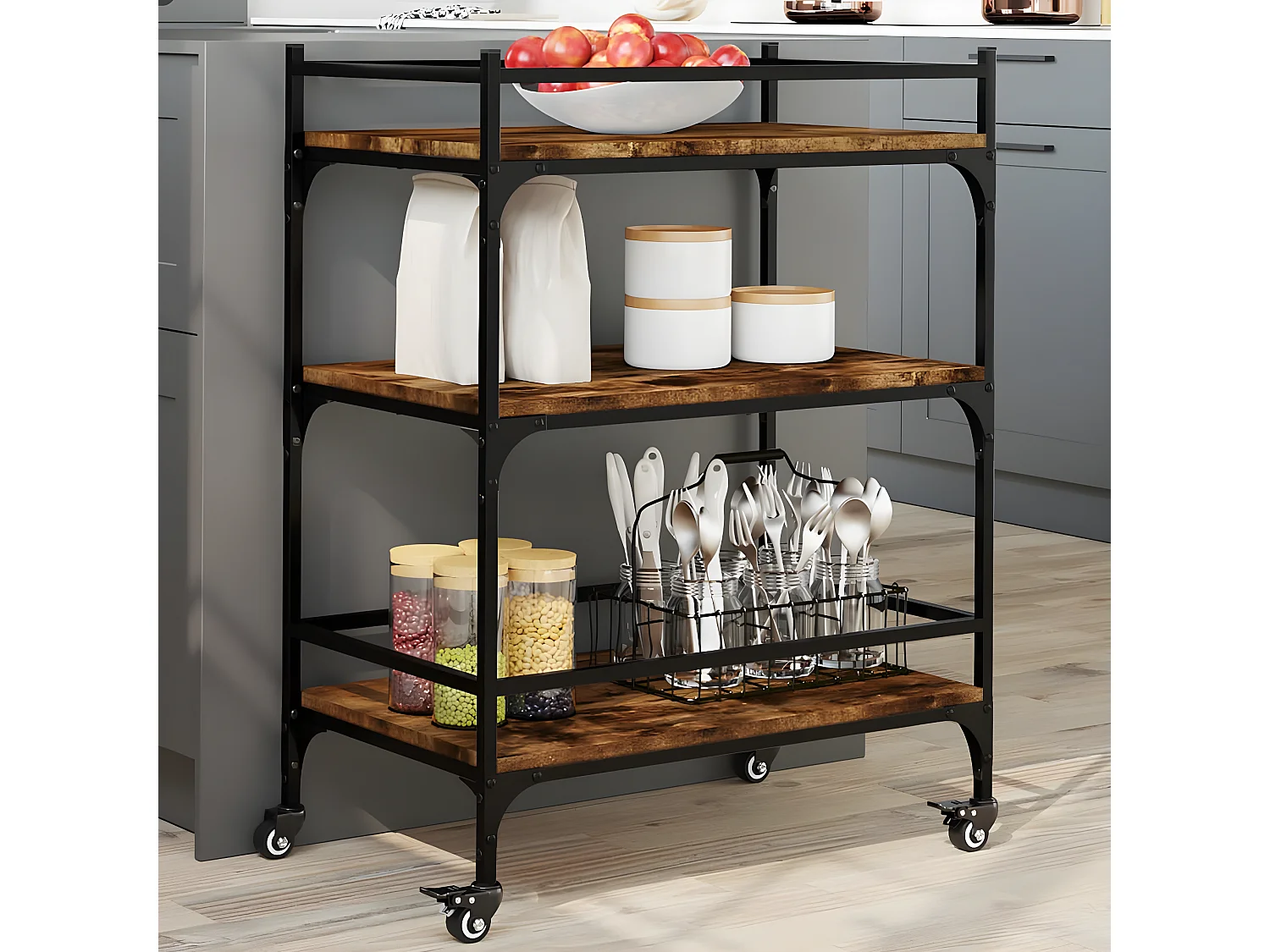 Chariot de cuisine chêne fumé 65x40x86,5 bois d'ingénierie