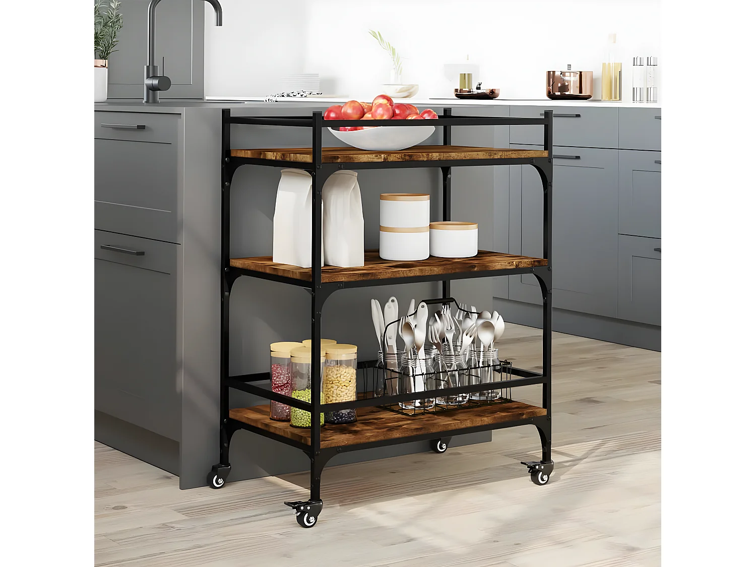 Chariot de cuisine chêne fumé 65x40x86,5 bois d'ingénierie