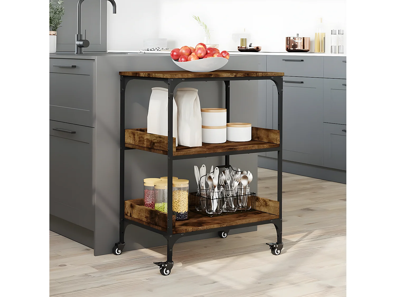 Chariot de cuisine chêne fumé 60x41x80,5 bois d'ingénierie