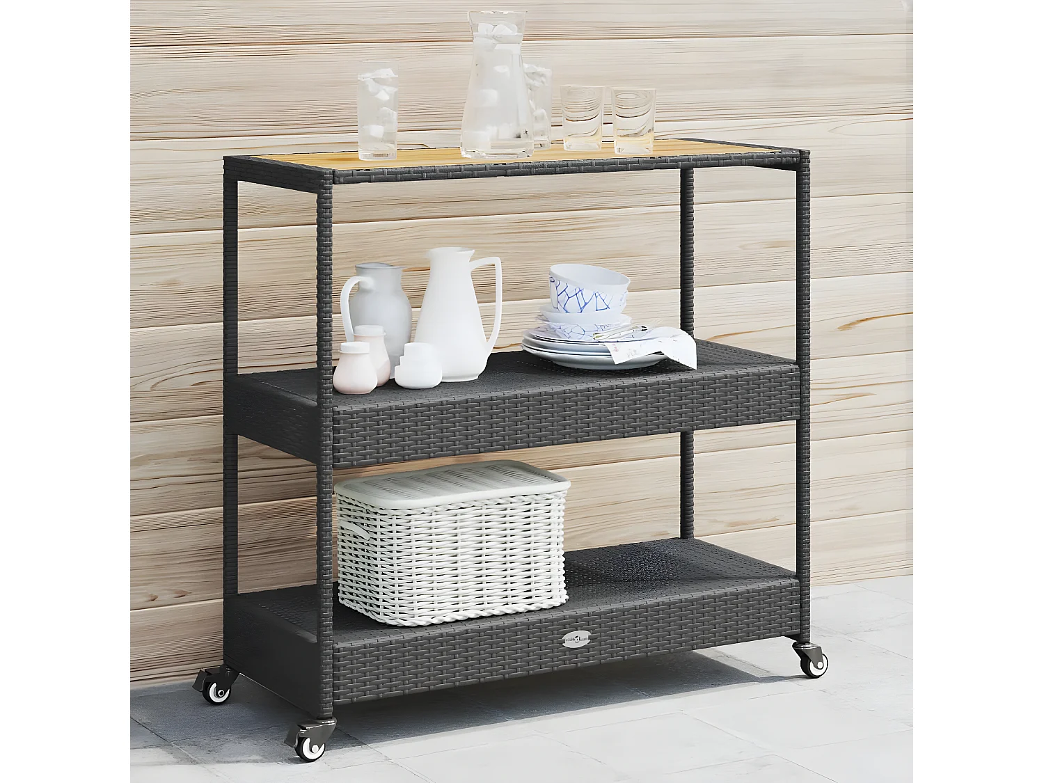 Chariot de bar 3 niveaux noir rotin et bois d'acacia massif