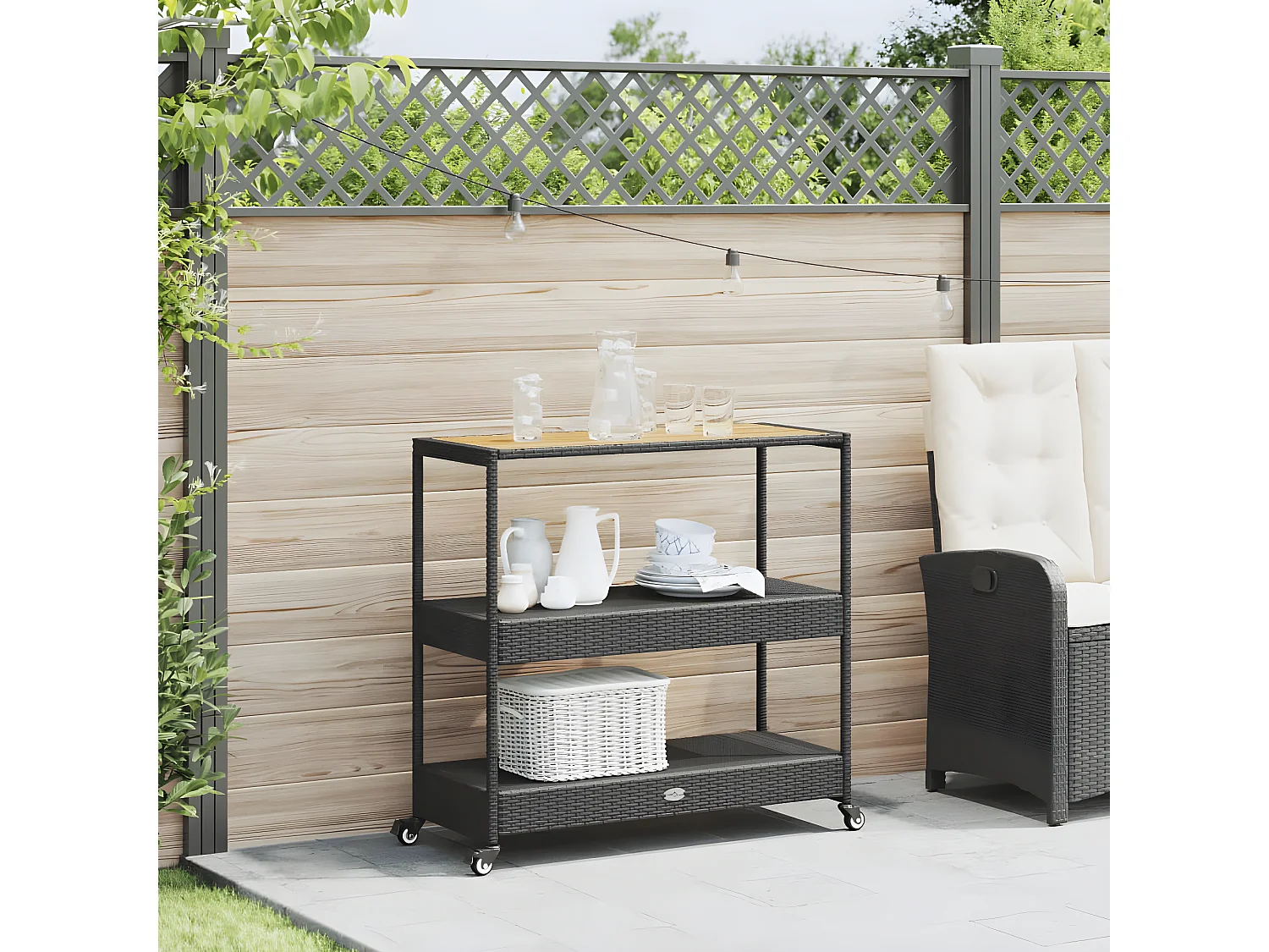 Chariot de bar 3 niveaux noir rotin et bois d'acacia massif