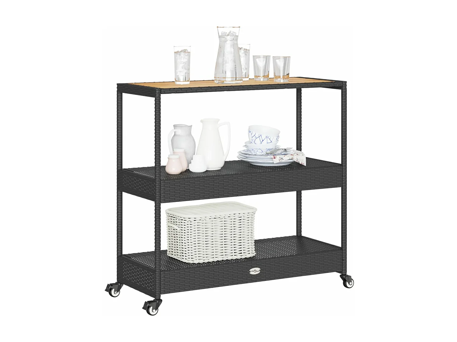 Chariot de bar 3 niveaux noir rotin et bois d'acacia massif