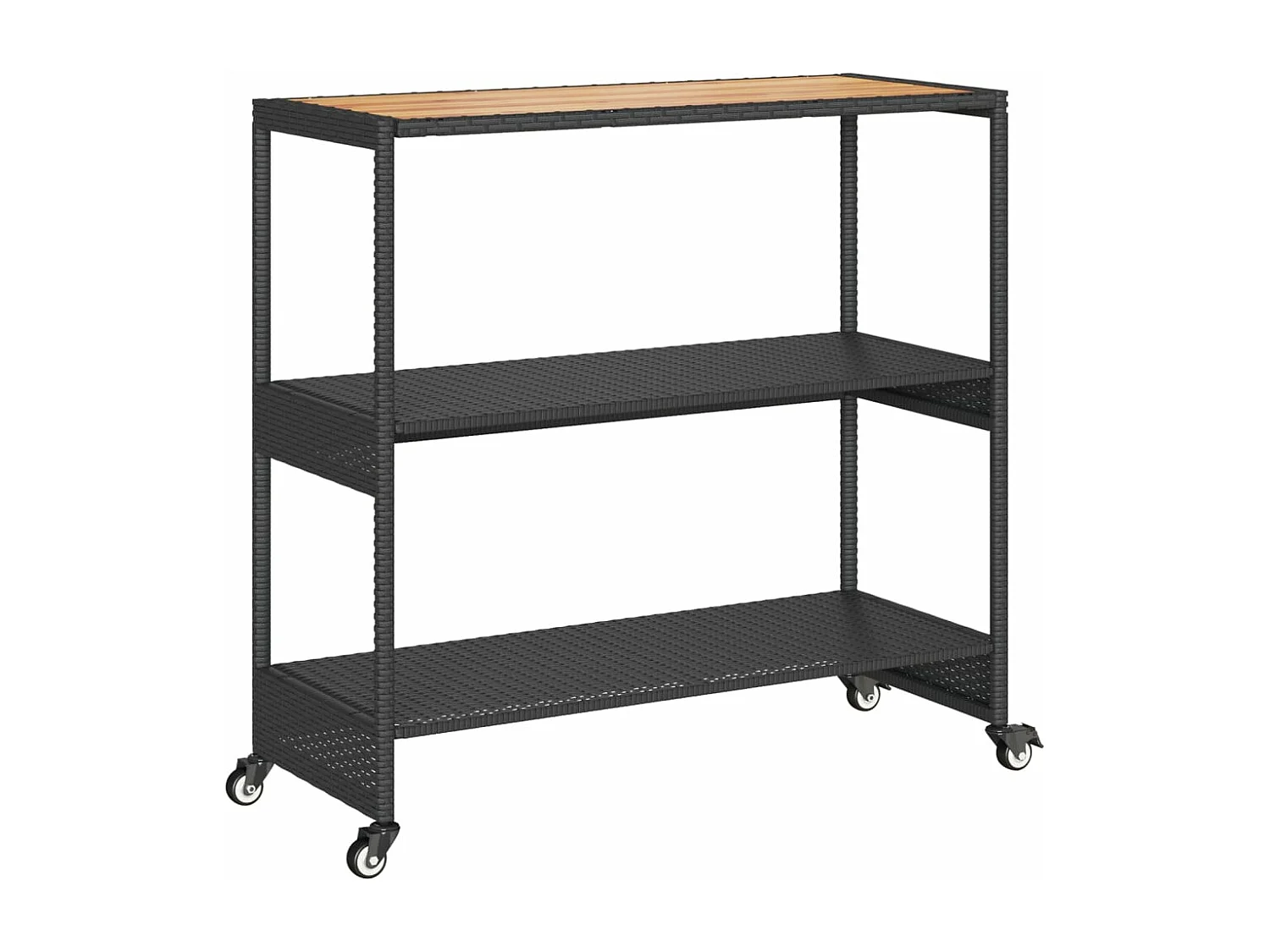 Chariot de bar 3 niveaux noir rotin et bois d'acacia massif