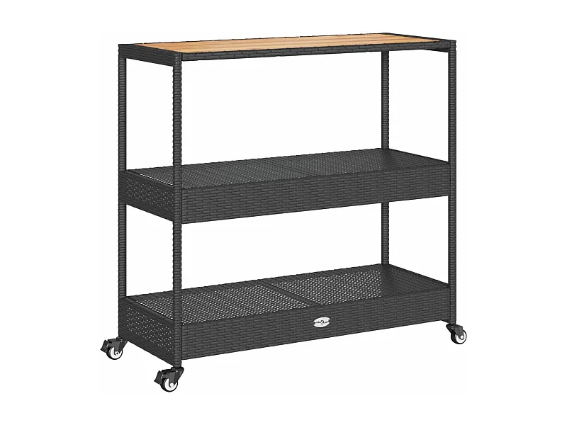 Chariot de bar 3 niveaux noir rotin et bois d'acacia massif