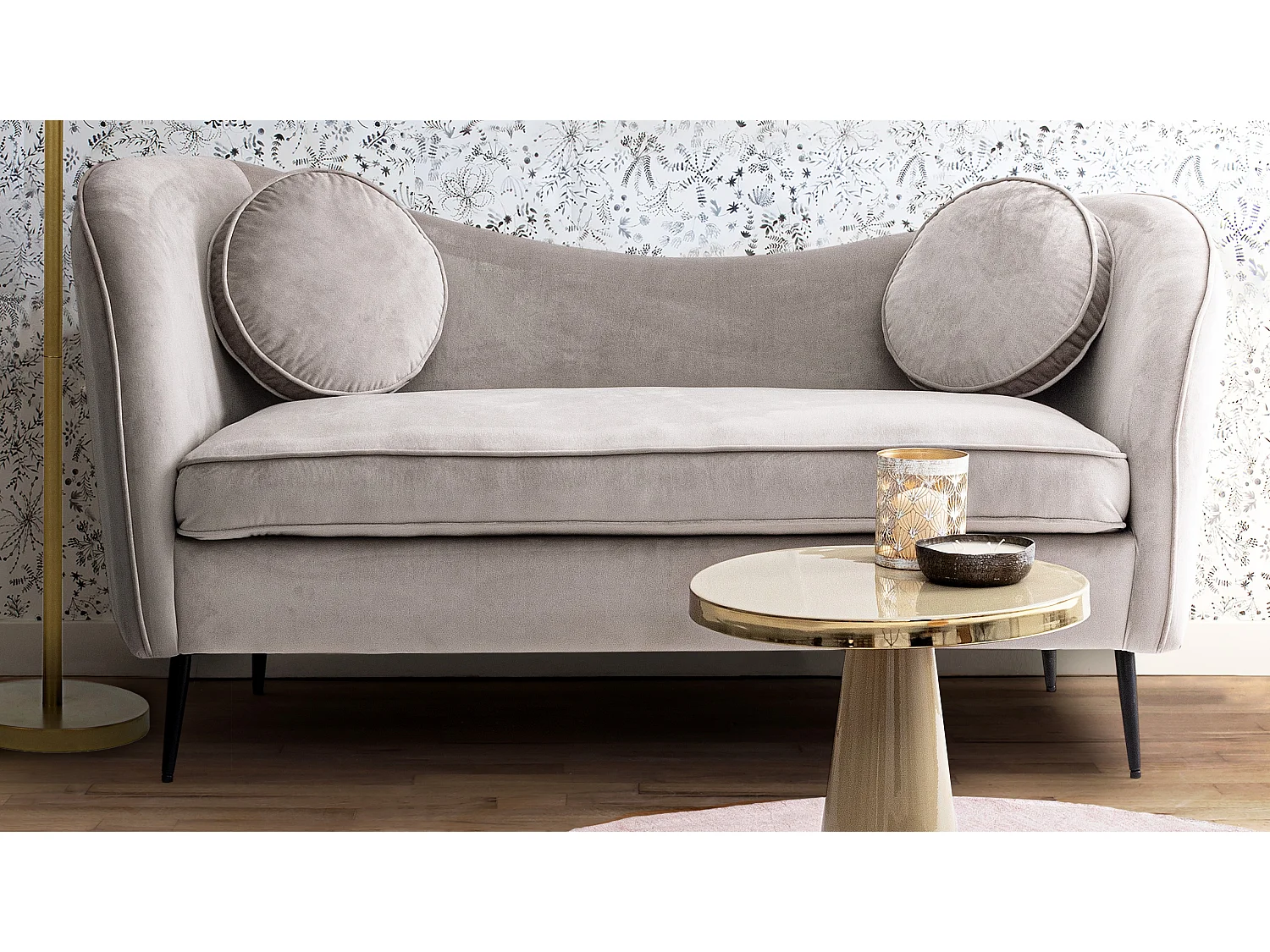 Canapé polyester effet velours gris avec coussin 2 places Cady