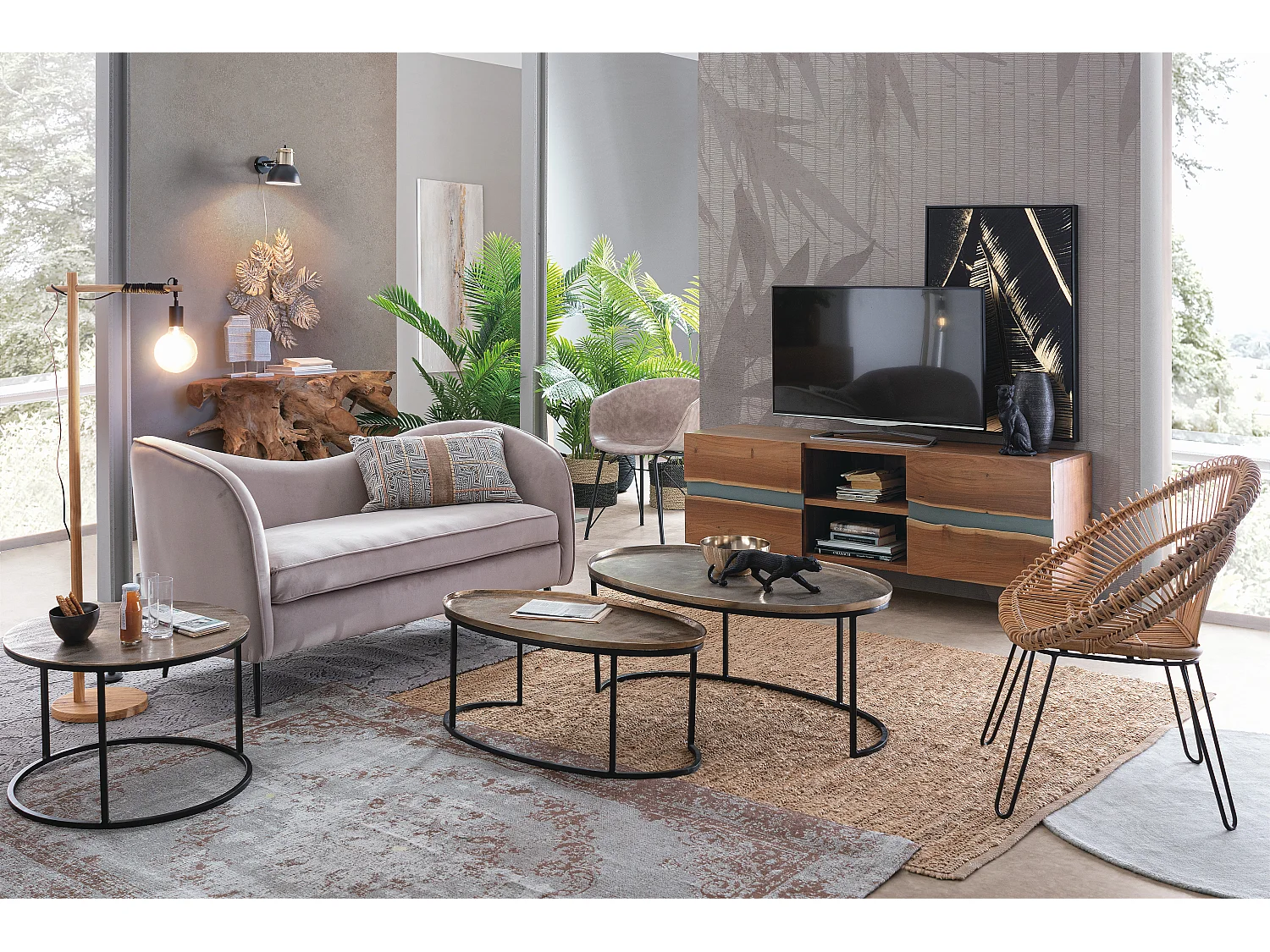 Canapé polyester effet velours gris avec coussin 2 places Cady