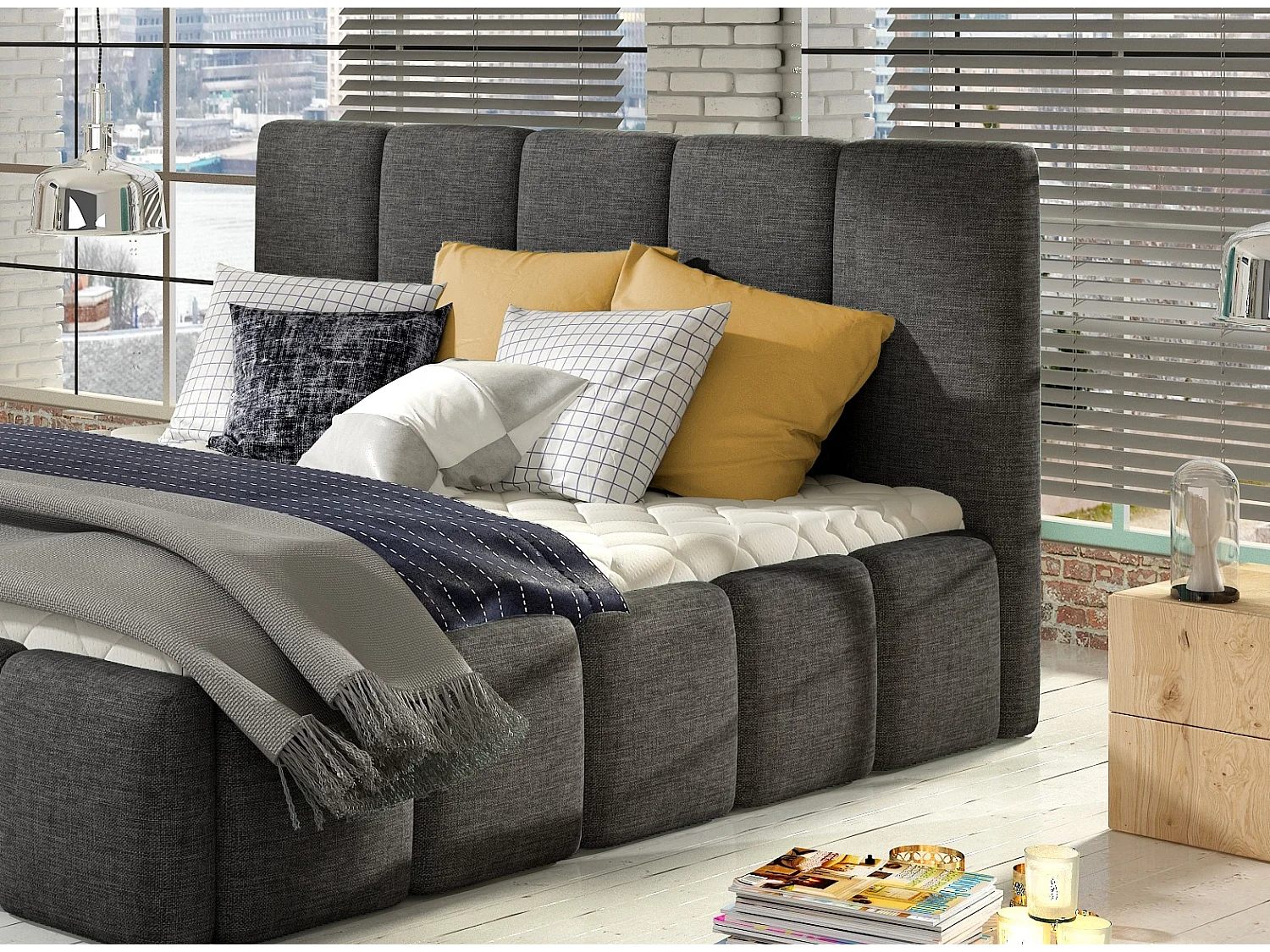Lit moderne capitonné tissu Vika-Couleur Gris anthracite-140x200-Version avec sommier
