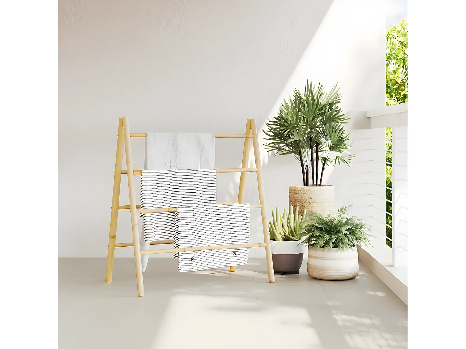 Échelle à serviettes double avec 4 échelons 90x50x100 bambou