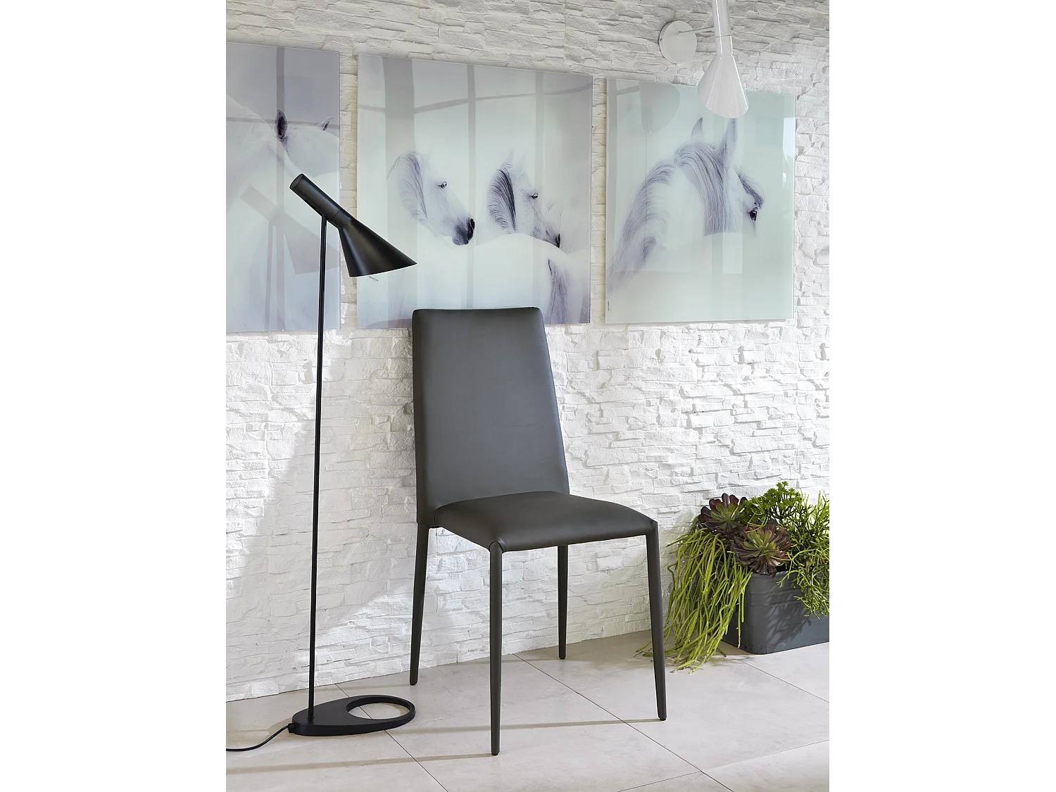 Cleo - Cadeira de couro sintético cinza escuro, 4 peças