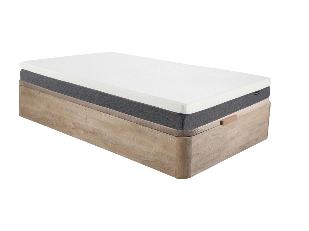 Ensemble 90 x 190 cm sommier coffre naturel clair + matelas mousse HD 7 zones et accueil mémoire de forme déhoussable ép.25cm - RIAU de YSMÉE