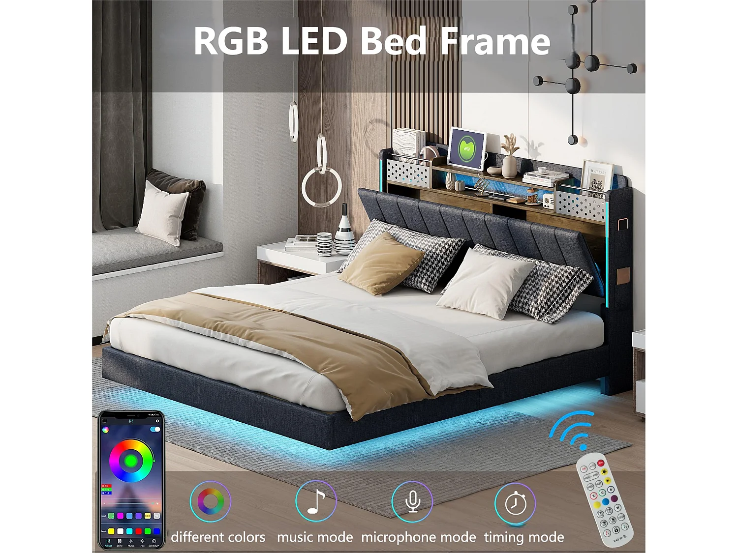 Lit 160x200cm en tissu lin - avec prise USB et sommier à lattes - Gris