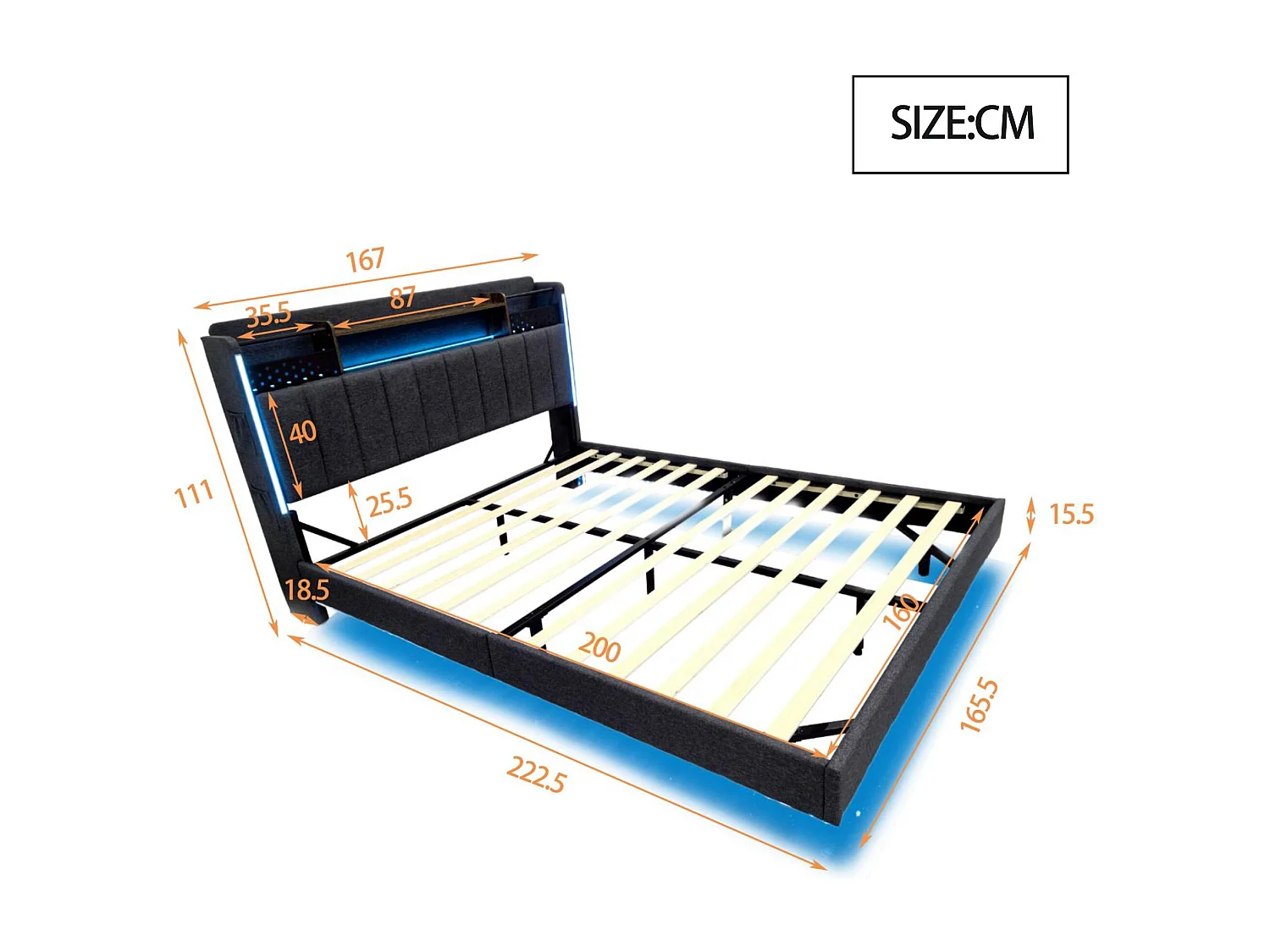 Lit 160x200cm en tissu lin - avec prise USB et sommier à lattes - Gris