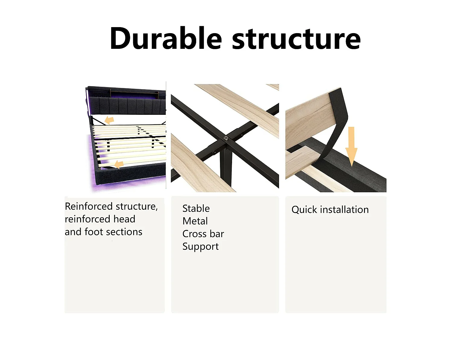 Lit 160x200cm en tissu lin - avec prise USB et sommier à lattes - Gris