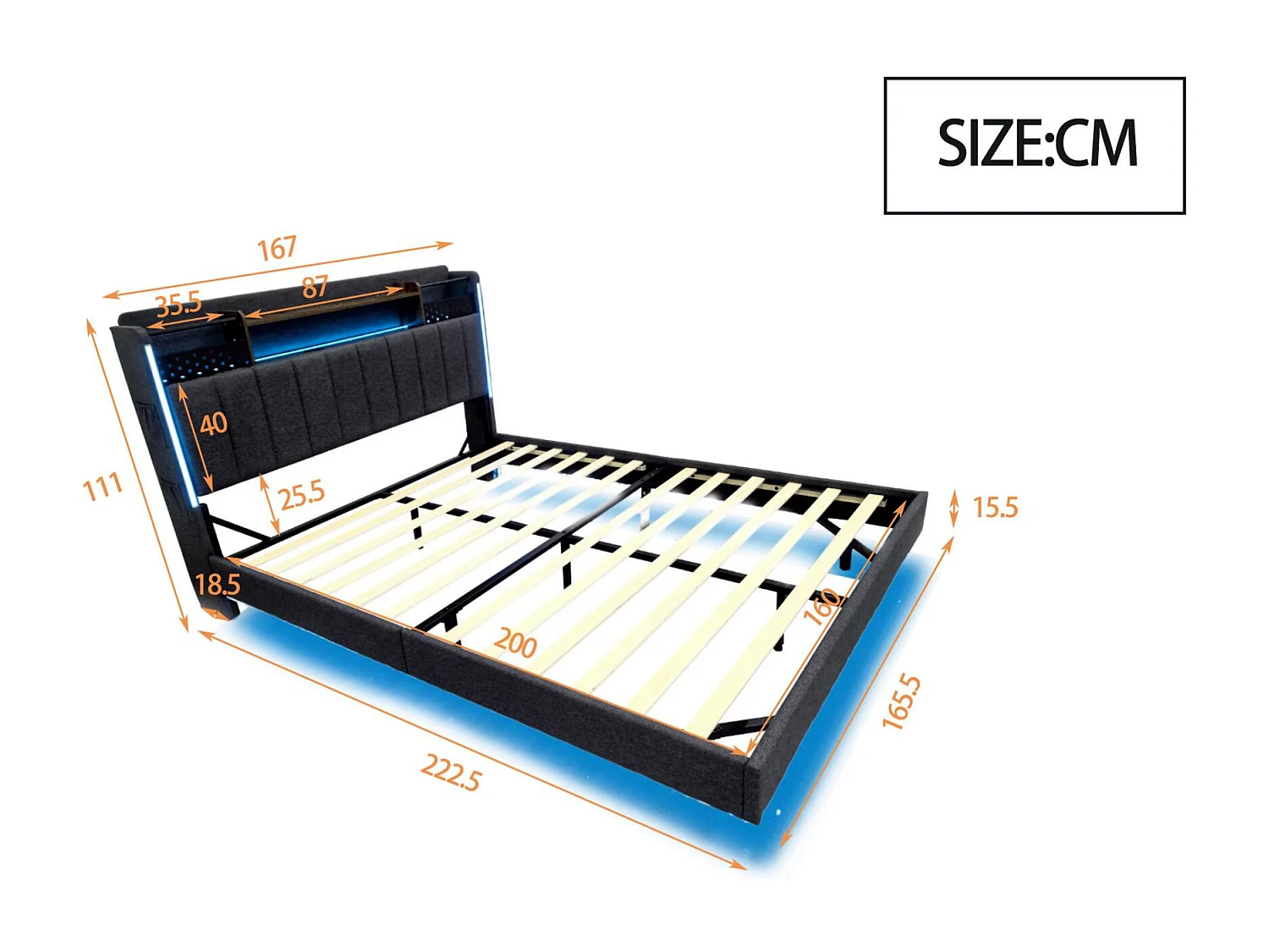 Tapicerowane łóżko 160x200cm - Wielofunkcyjne wezgłowie - z oświetleniem LED i portem USB - design w zawieszeniu - Szary