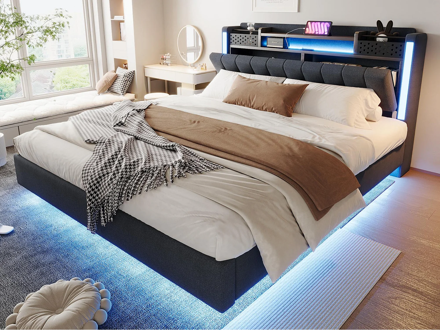 Lit rembourré 160x200cm - Tête de lit multifonctionnelle - avec lumière LED et port USB - design flottant- Gris