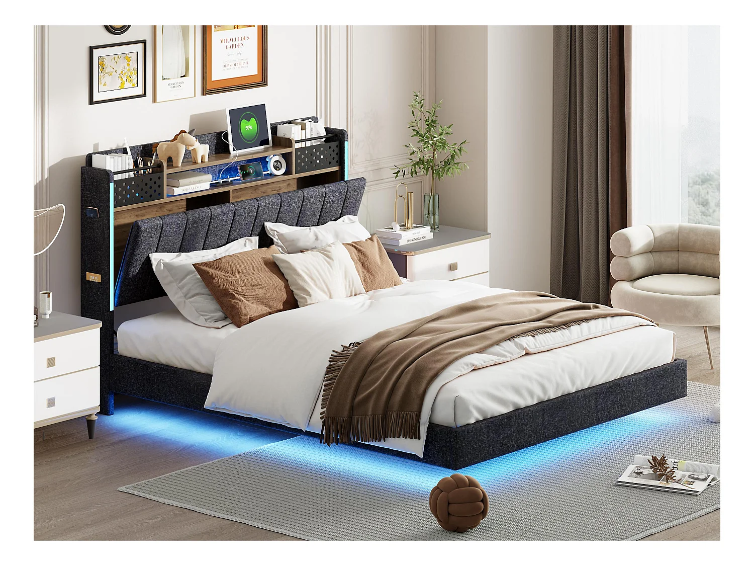 Bed 140x200cm in linnenstof - met USB-aansluiting en lattenbodem - Grijs